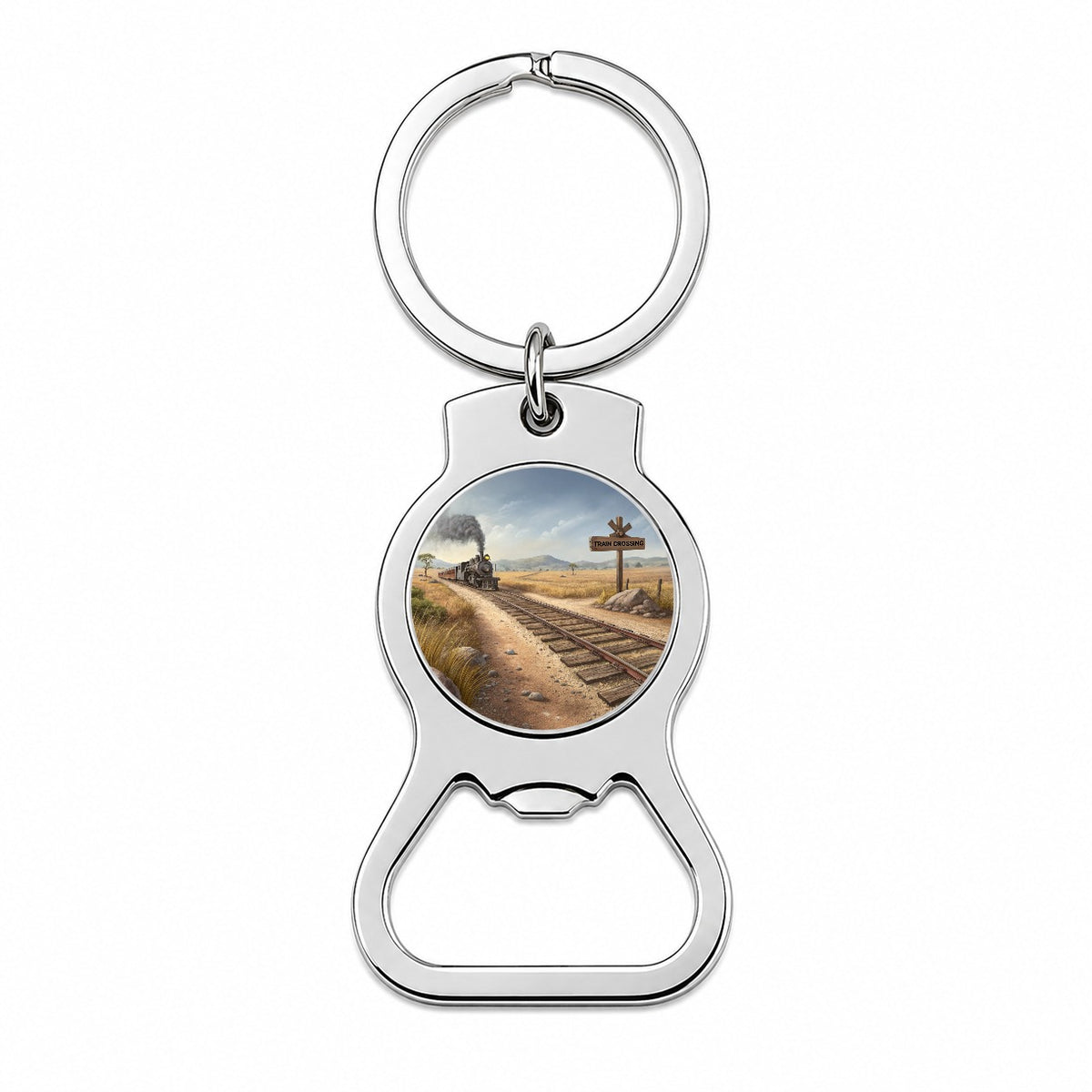 Steam Locomotive Train Crossing Old West Western Bottle Opener Keychain