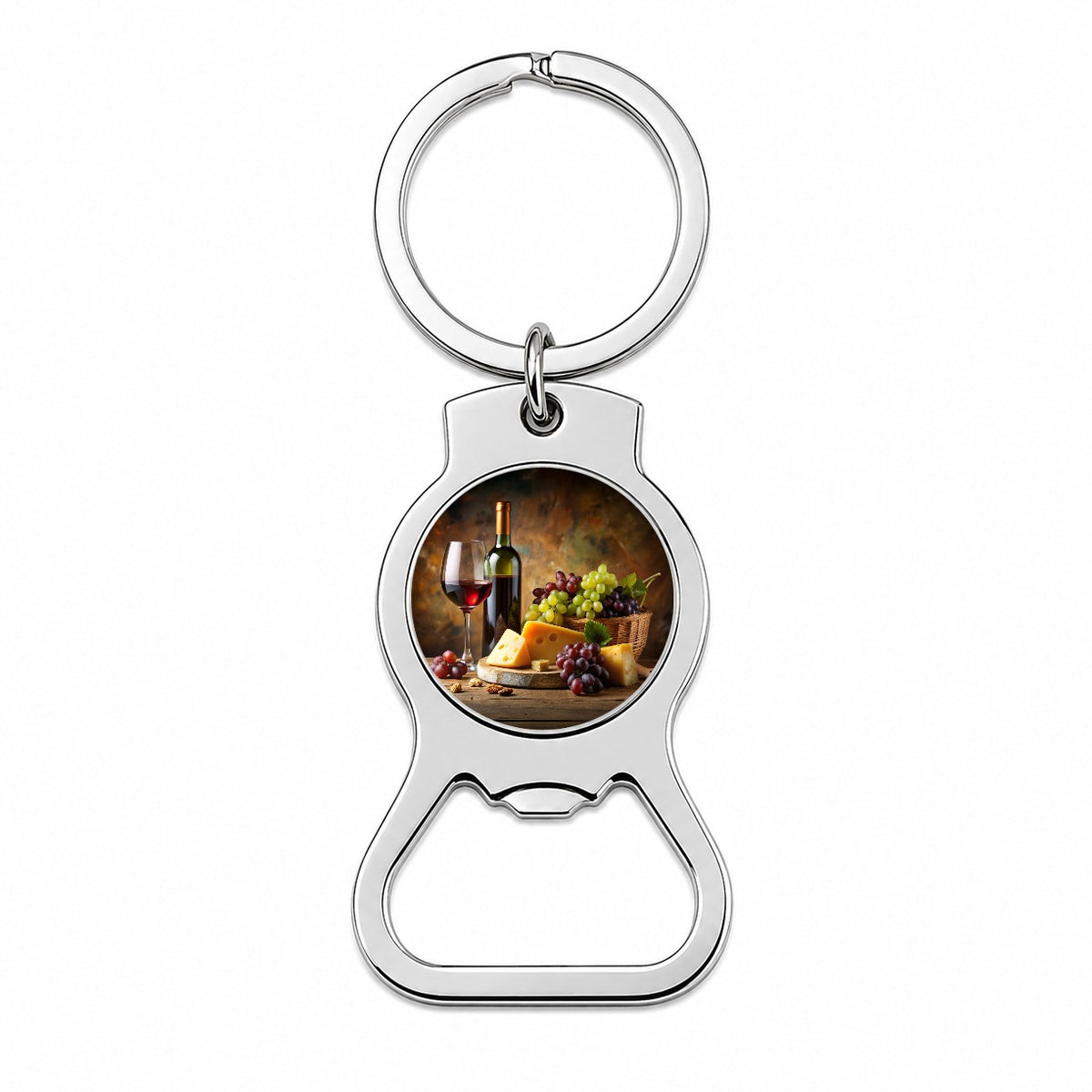 Wine Cheese Grapes Rustic Setting Bottle Opener Keychain