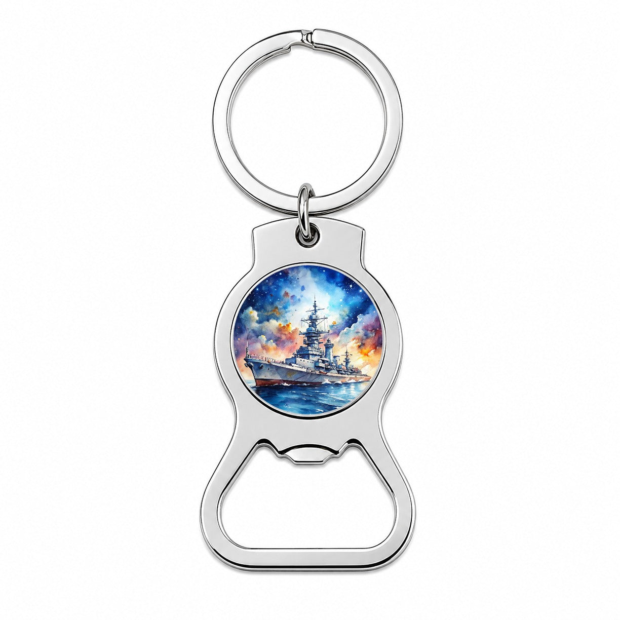 Battleship Under Fantasy Sky Watercolor Bottle Opener Keychain