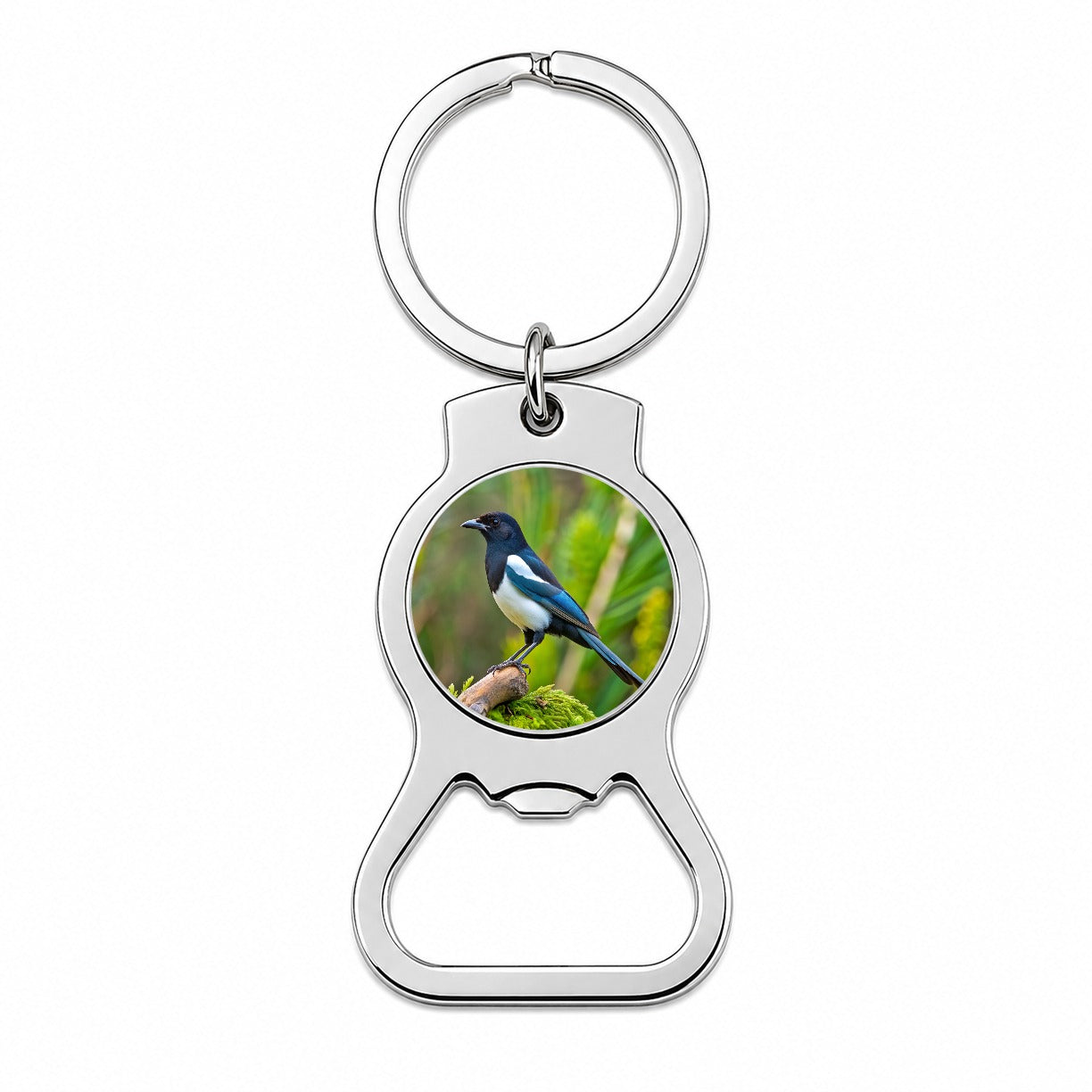 Black Billed Magpie Backyard Bird Bottle Opener Keychain