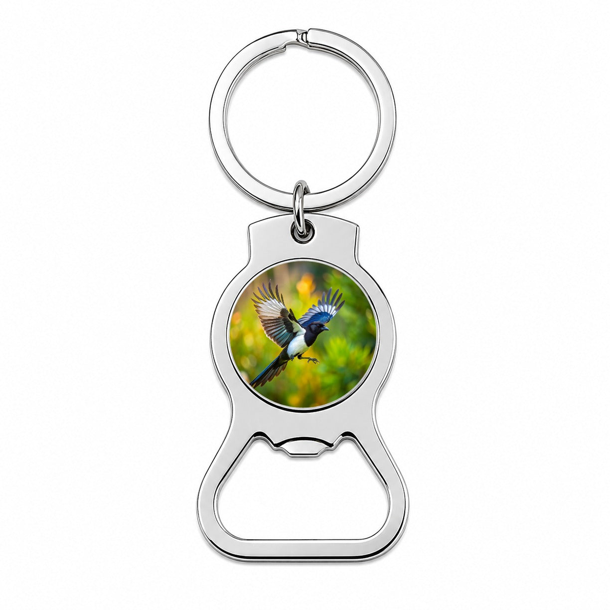 Black Billed Magpie Flying Backyard Bird Bottle Opener Keychain