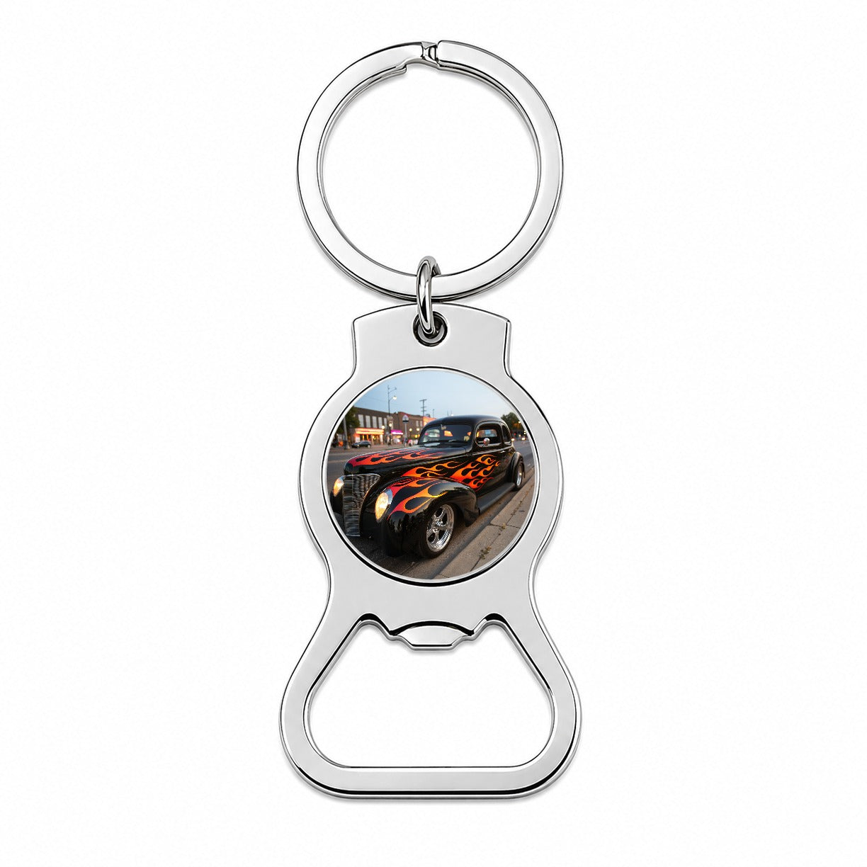 Black Hot Rod Classic Car With Flames Bottle Opener Keychain