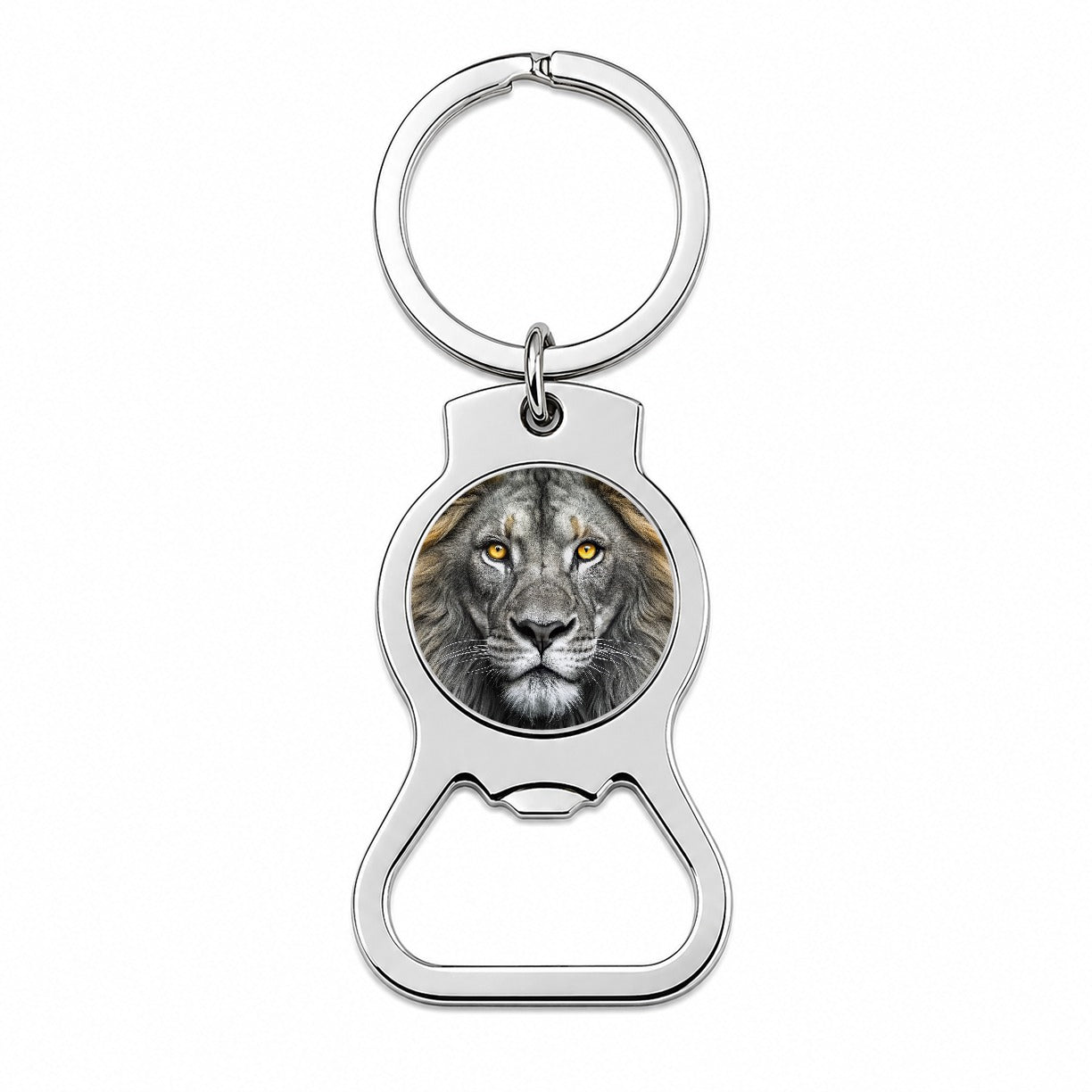 Black White Lion's Face with Gold Eyes Bottle Opener Keychain