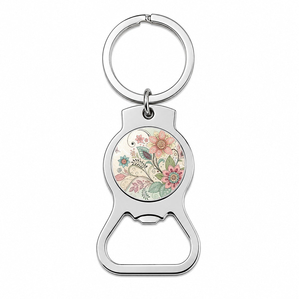 Boho Floral Flowers Leaves Bottle Opener Keychain