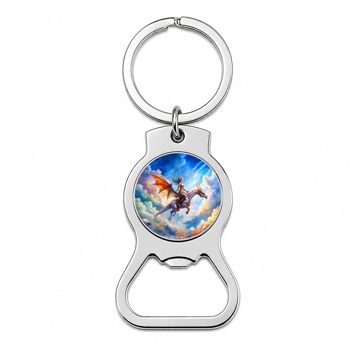 Dragon and Rider Flying Watercolor Bottle Opener Keychain