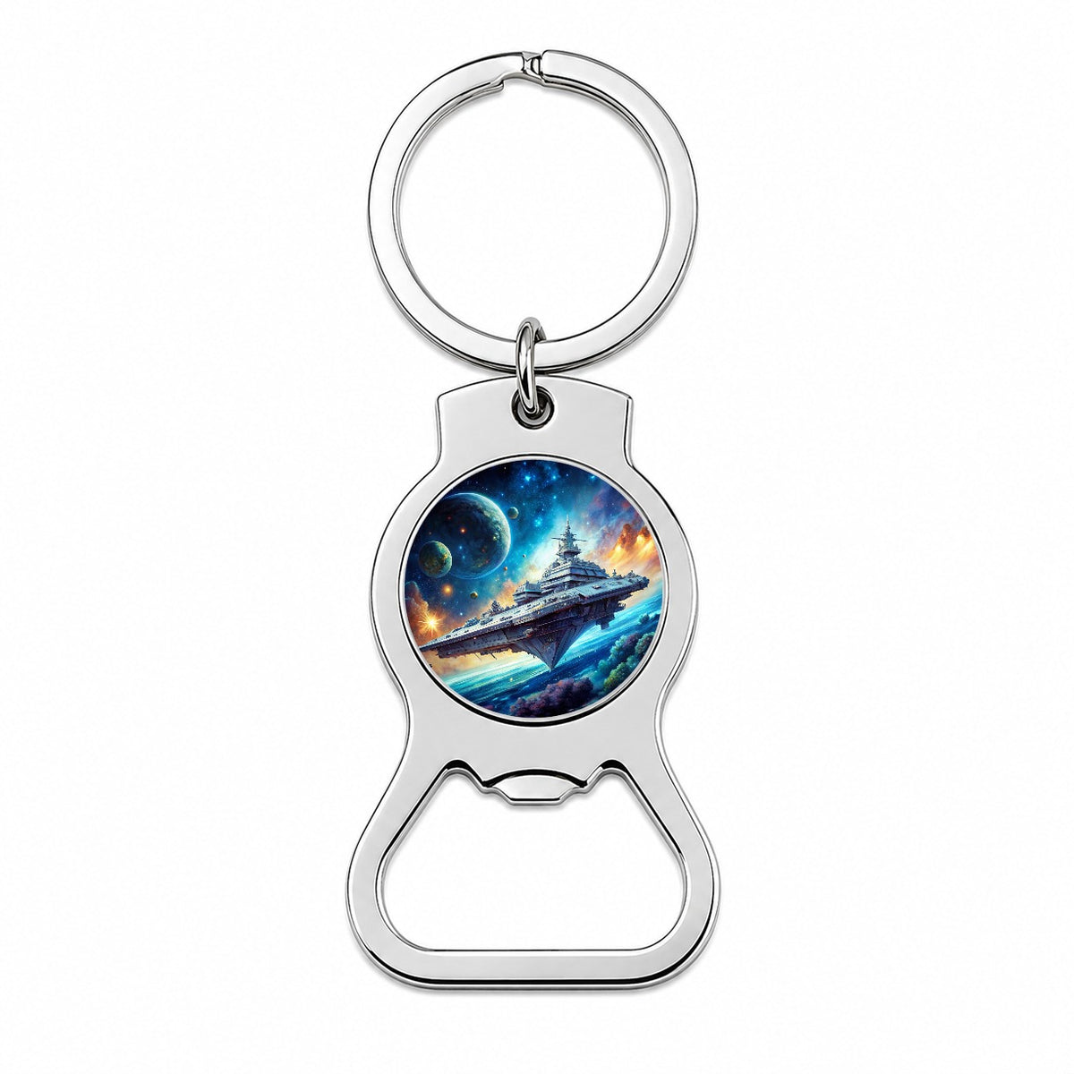 Giant Sci-Fi Warship In Space Watercolor Bottle Opener Keychain