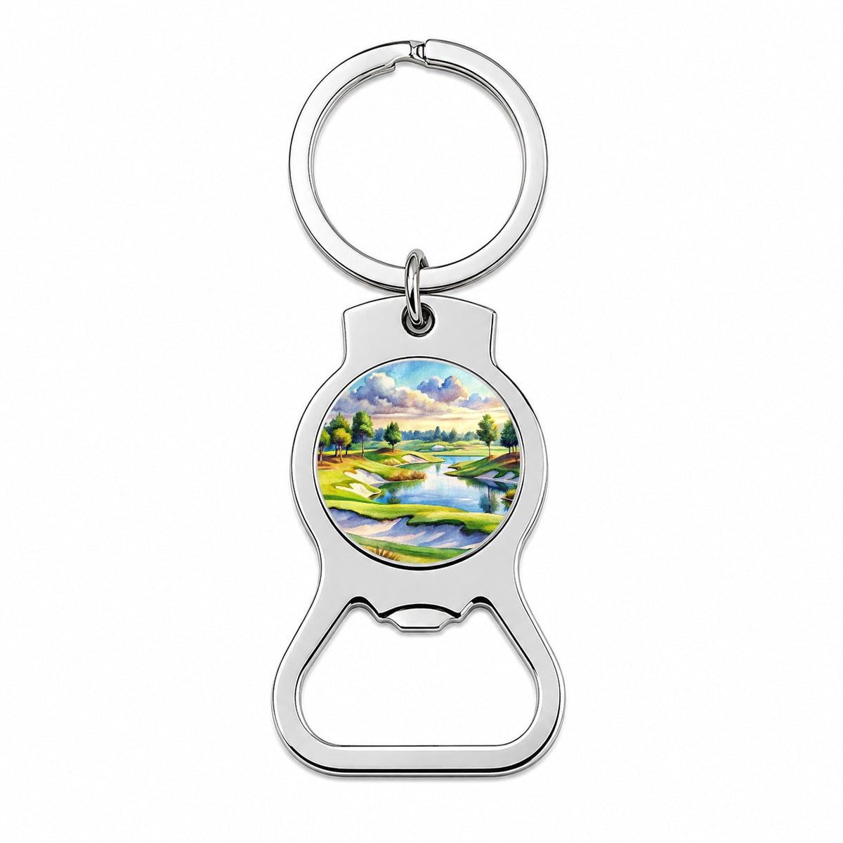 Golf Course With Sand Traps And Lake Watercolor Bottle Opener Keychain