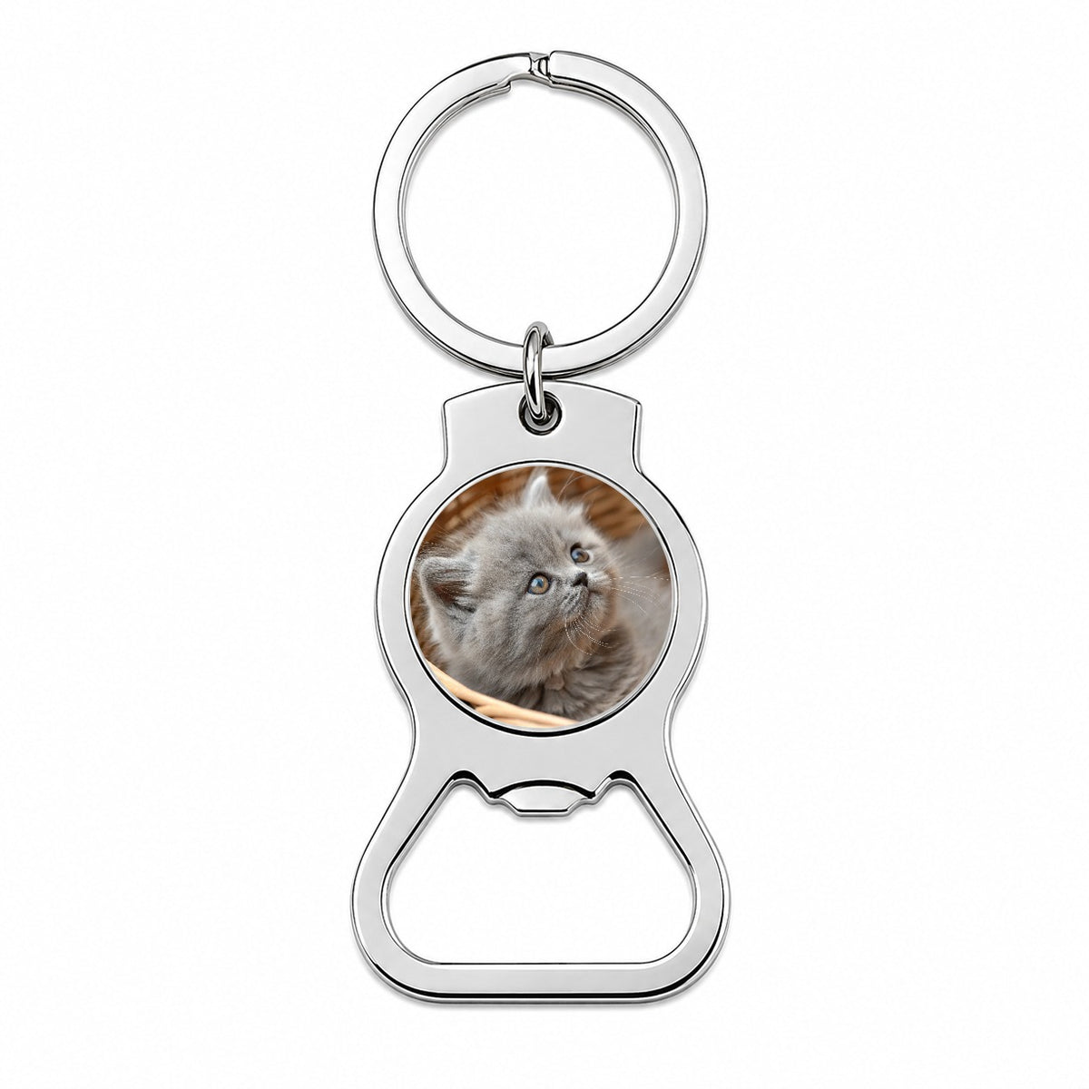 Gray British Longhair Kitten in a Basket Bottle Opener Keychain