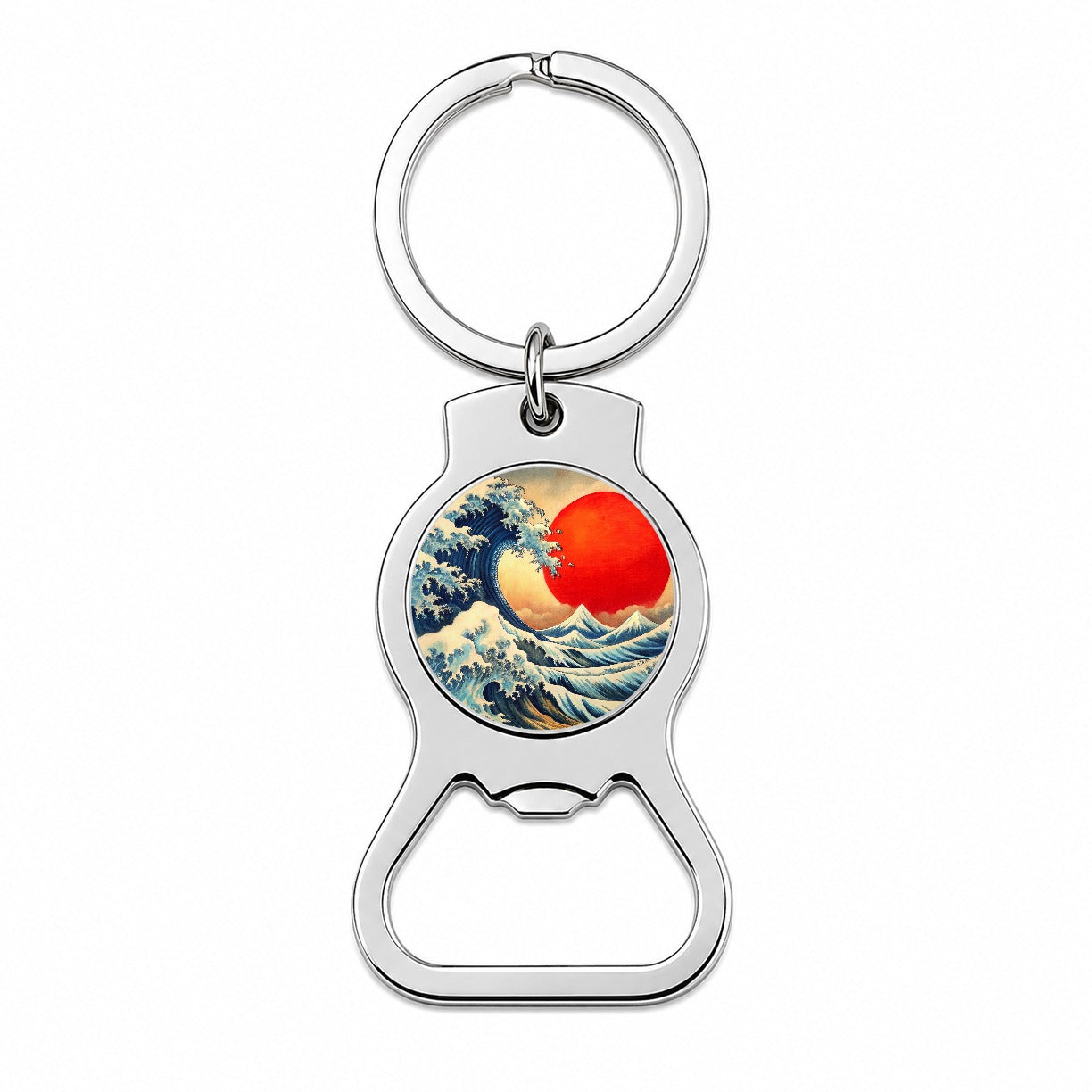 Japanese Blue Ocean Waves Large Red Sun Ink Painting Bottle Opener Keychain