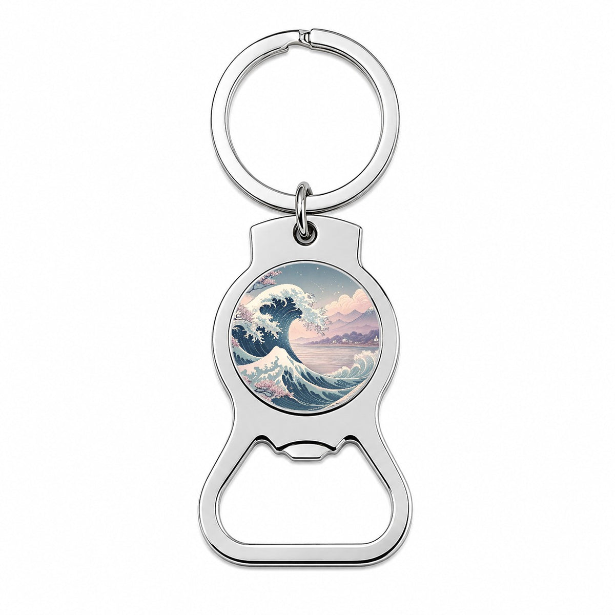 Japanese Blue Pink Ocean Waves and Sakura Blossoms Bottle Opener Keychain
