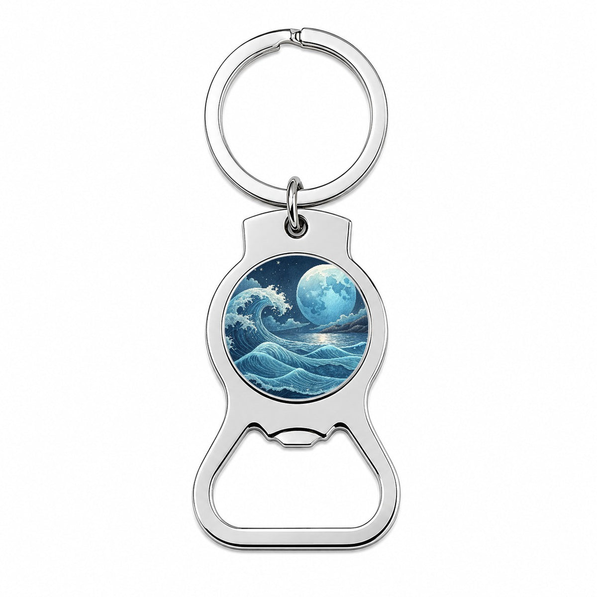 Japanese Ocean Waves Under Large Moon Bottle Opener Keychain