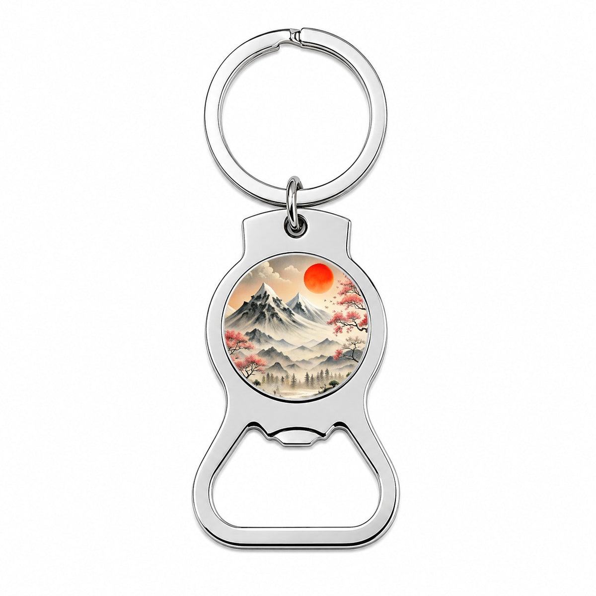Japanese Style Ink Painting Landscape Mountains Under Red Sun Bottle Opener Keychain