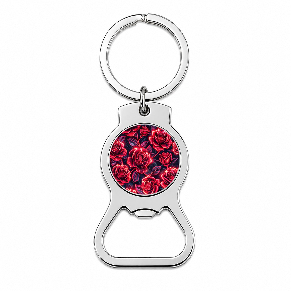Neon Red Rose Floral Pattern Bottle Opener Keychain