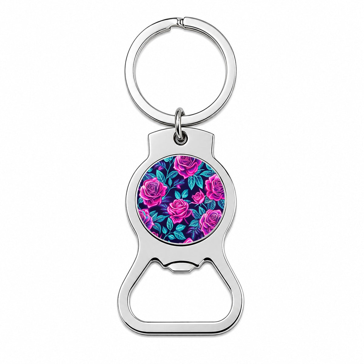 Pink Neon Rose Floral Pattern Bottle Opener Keychain