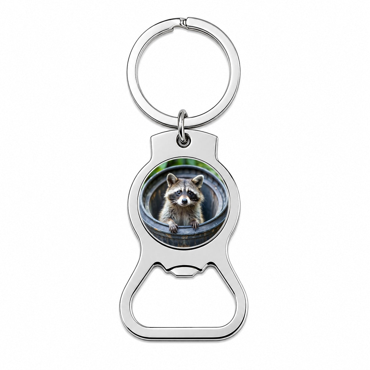 Raccoon In Barrel Trash Panda Bottle Opener Keychain
