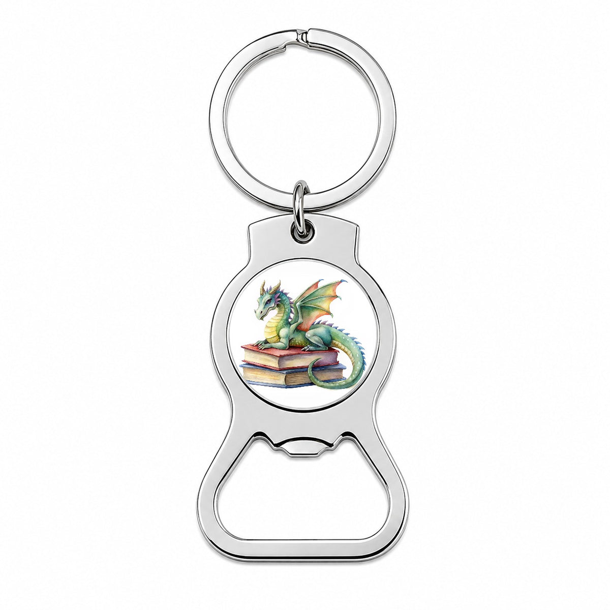 Reading Dragon Laying On Top Books Watercolor Bottle Opener Keychain