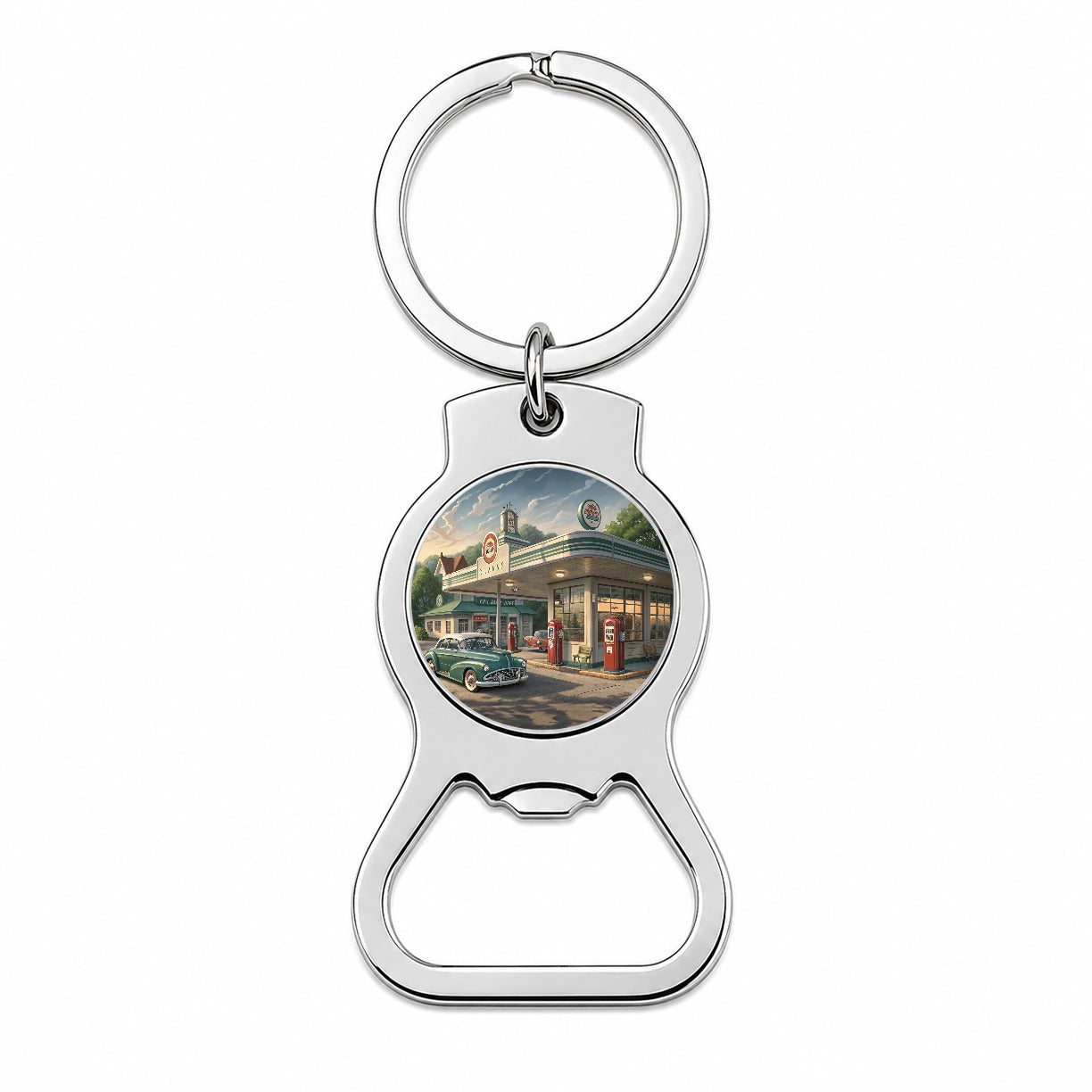 Retro Americana 1950's Main Street Gas Station Bottle Opener Keychain