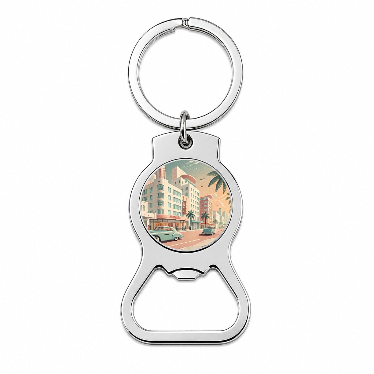 Retro Mid-Century Pastel Cityscape Bottle Opener Keychain