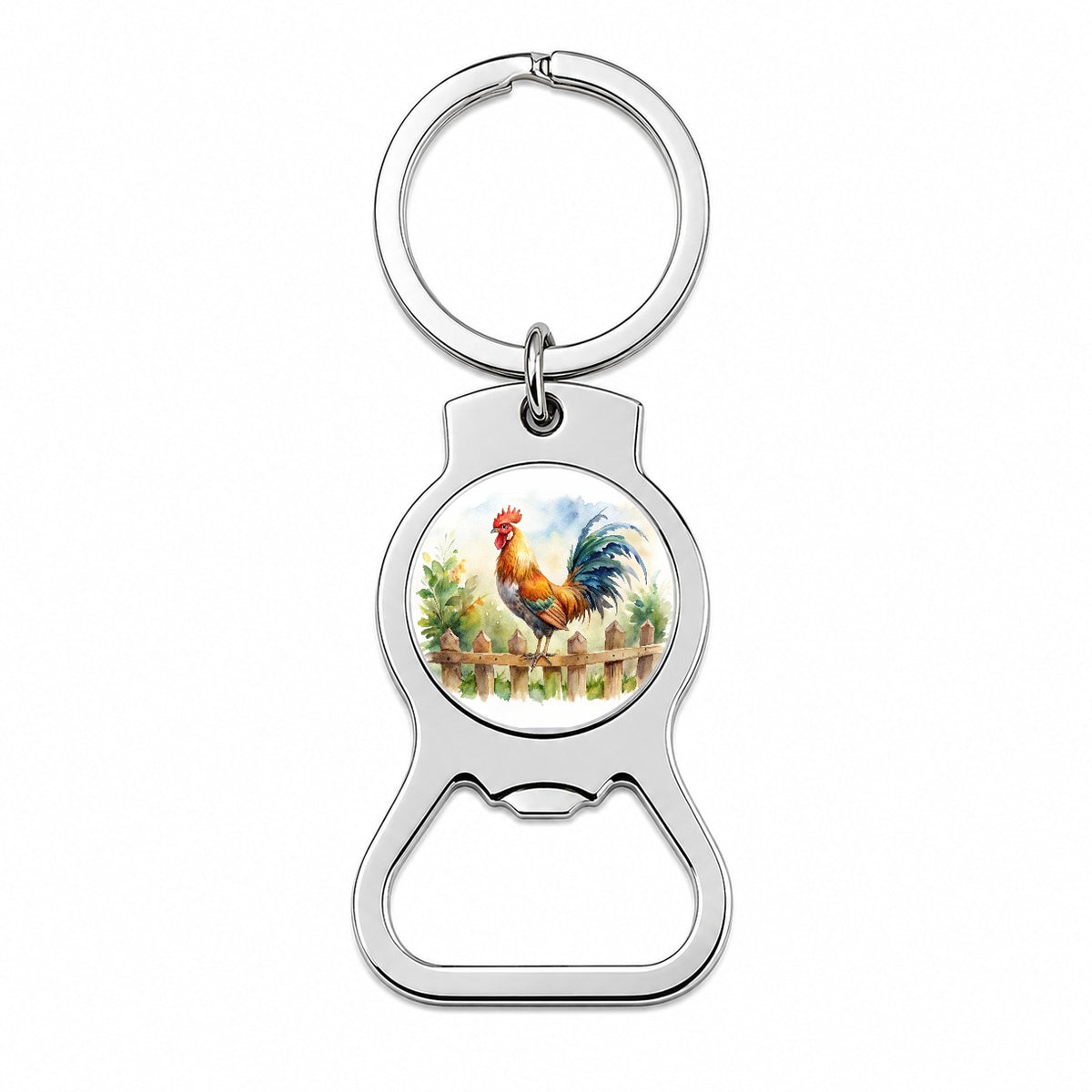 Rooster On Fence Watercolor Bottle Opener Keychain