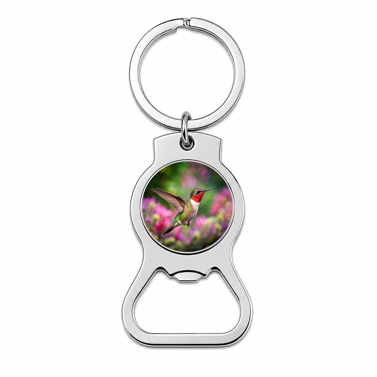 Ruby Throated Hummingbird Flying Backyard Bird Bottle Opener Keychain