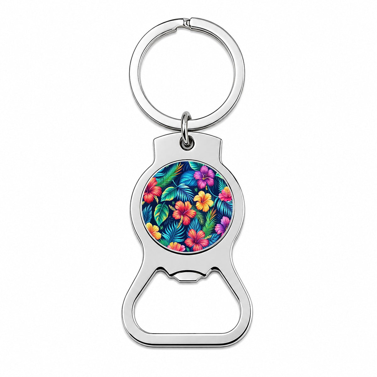 Tropical Neon Hibiscus Floral Pattern Bottle Opener Keychain
