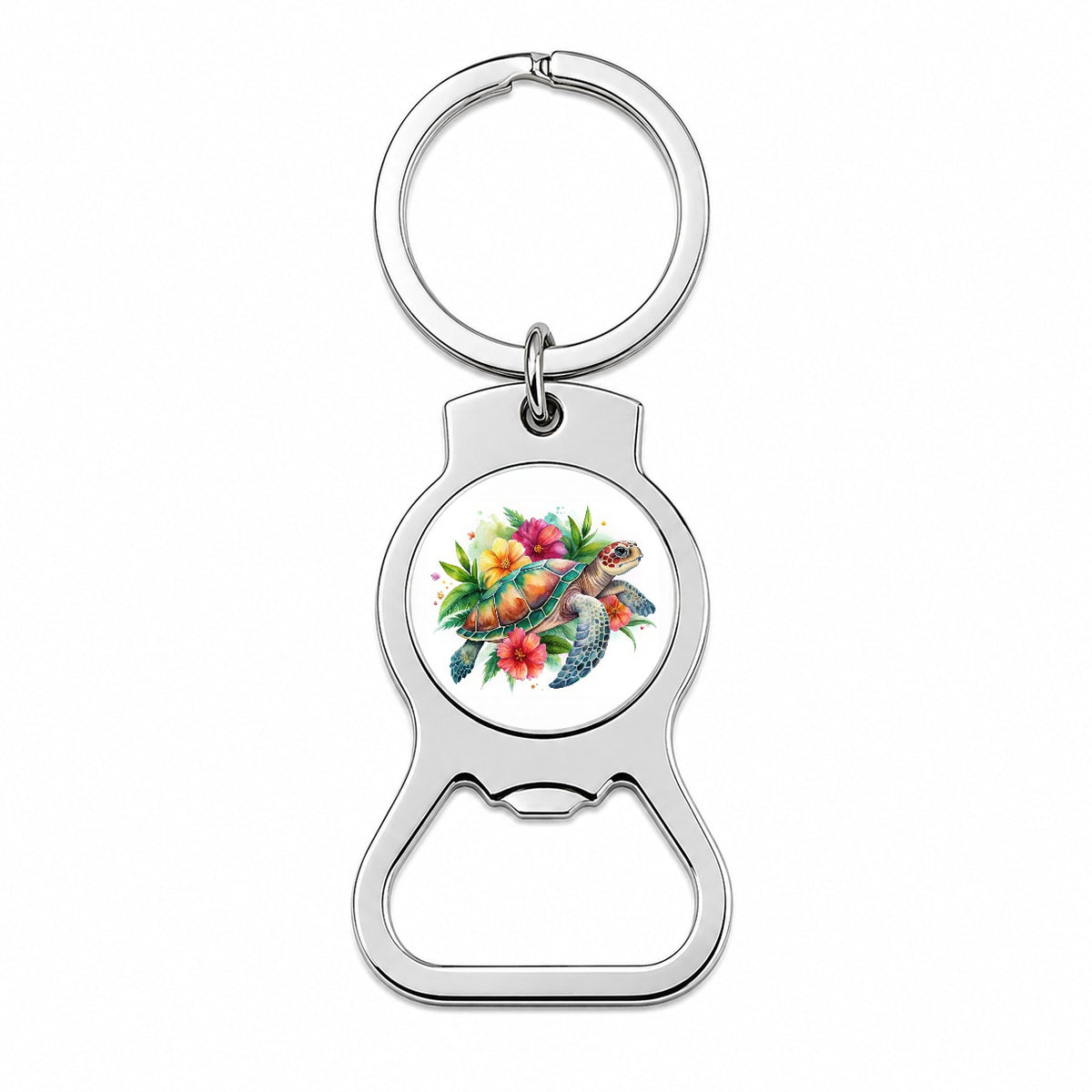 Tropical Sea Turtle Hibiscus Floral Watercolor Bottle Opener Keychain