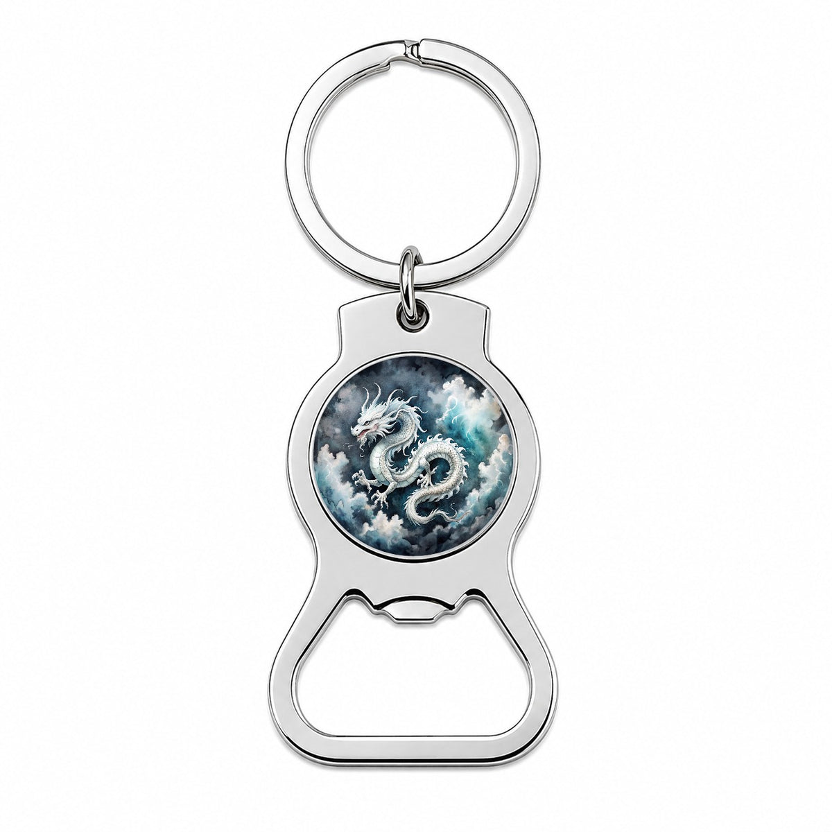 White Asian Dragon On Black Watercolor Bottle Opener Keychain