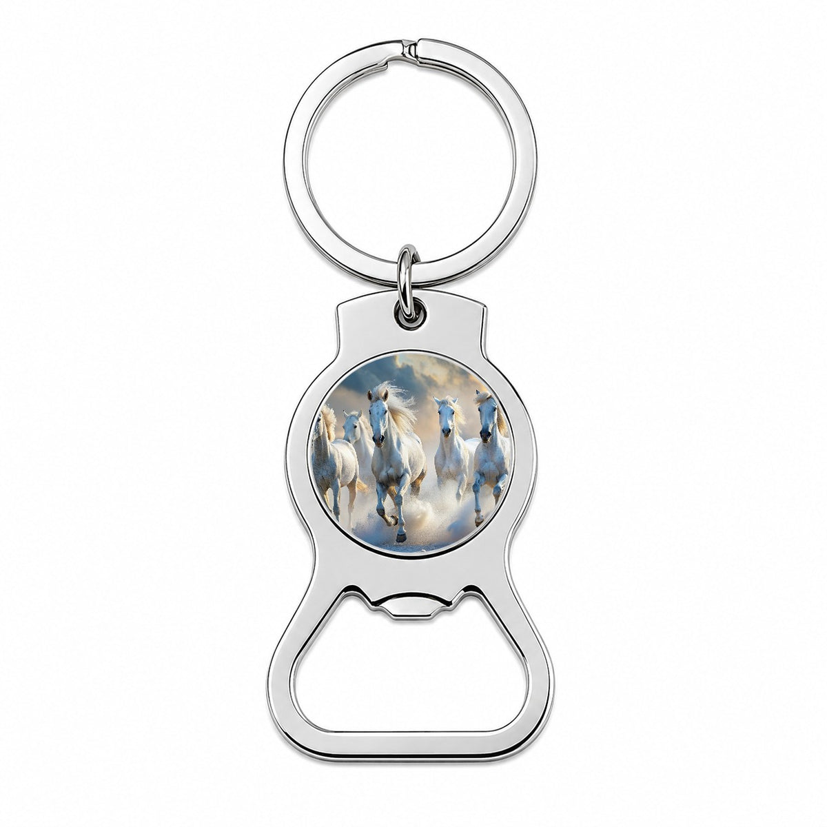 White Horses Galloping Bottle Opener Keychain