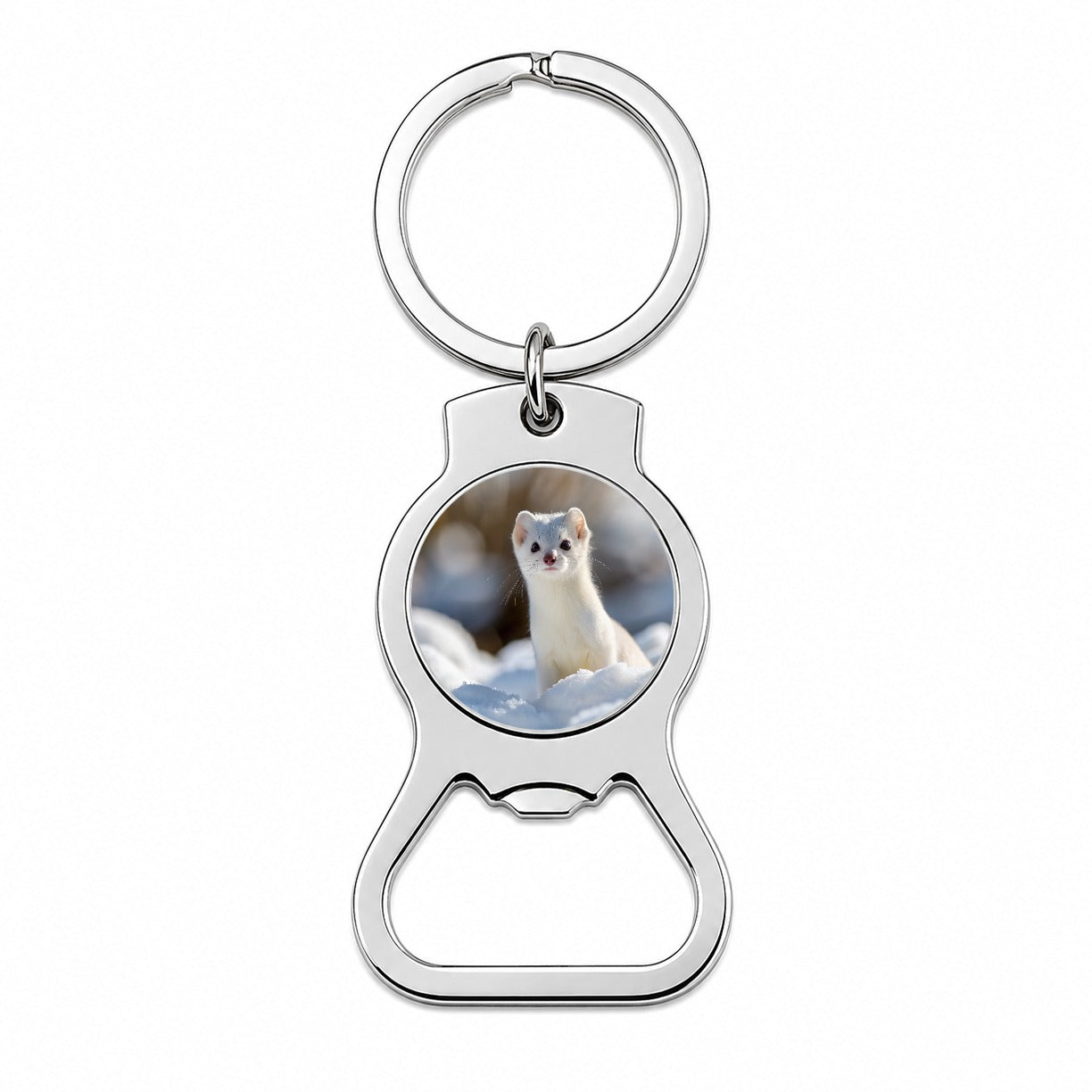 White Stoat Ermine In Snow Bottle Opener Keychain
