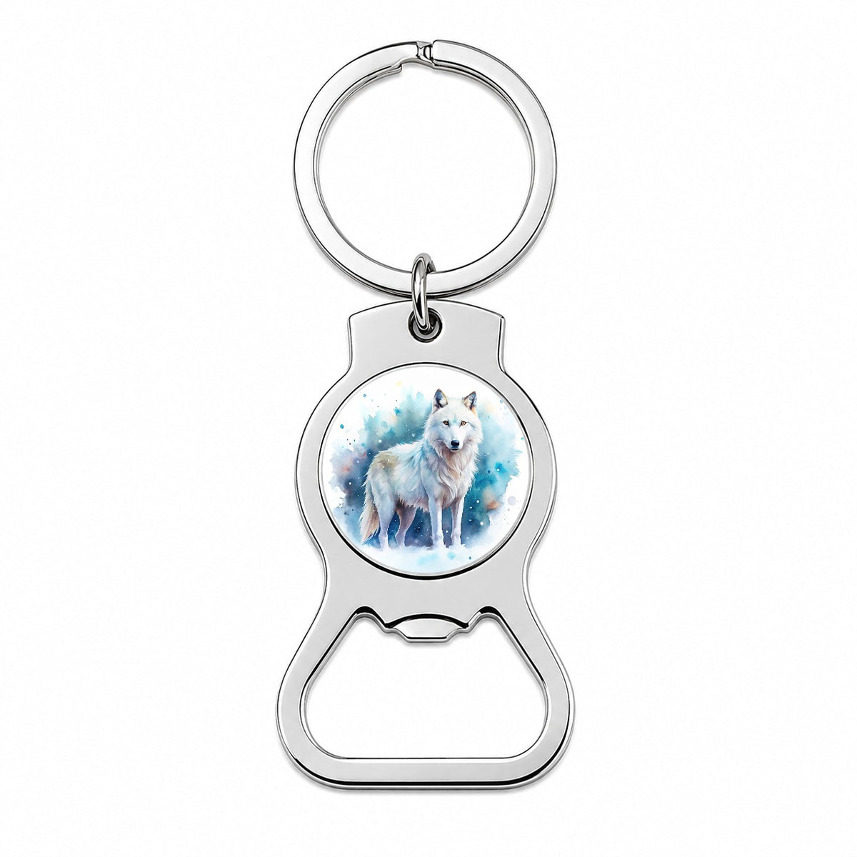 White Wolf Watercolor Bottle Opener Keychain