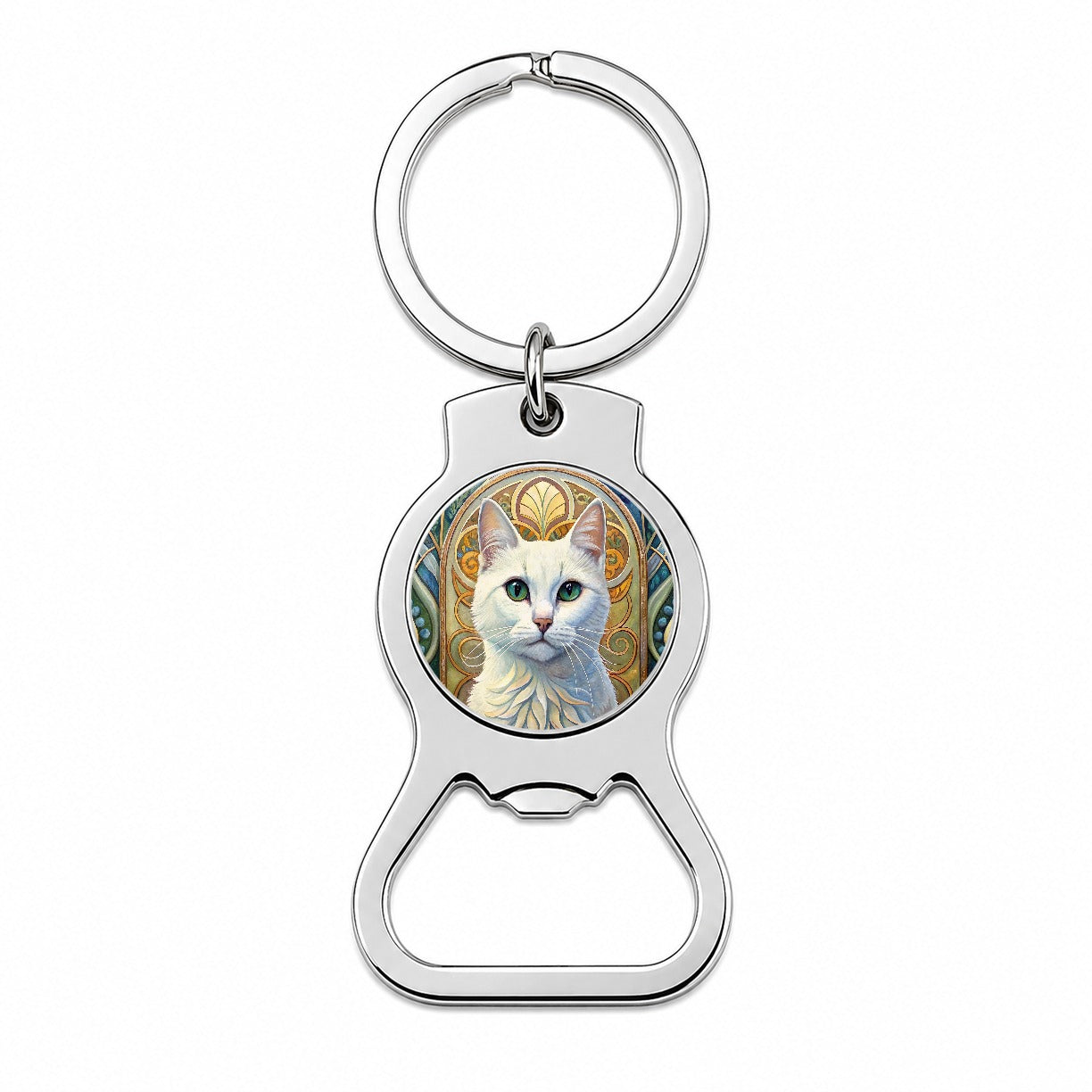White Cat Art Nouveau Bottle Opener Keychain