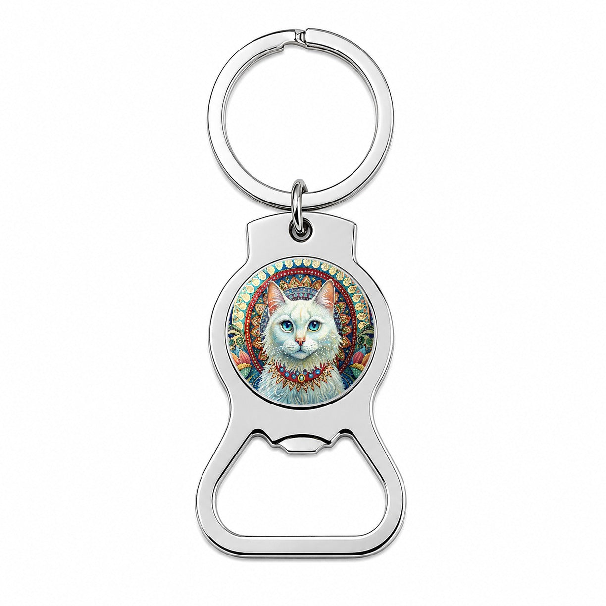 White Cat Bohemian Art Bottle Opener Keychain