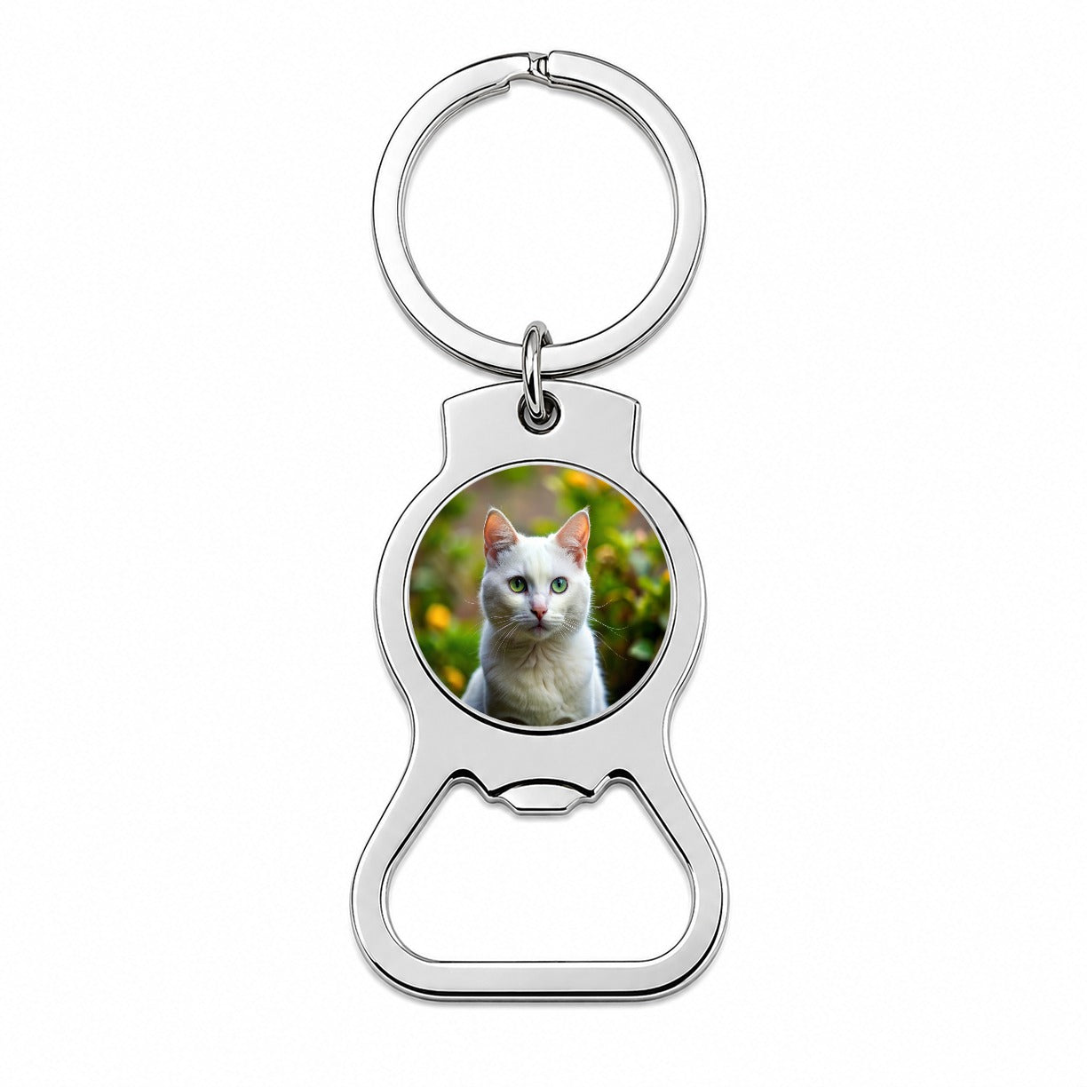 White Cat Photo Bottle Opener Keychain