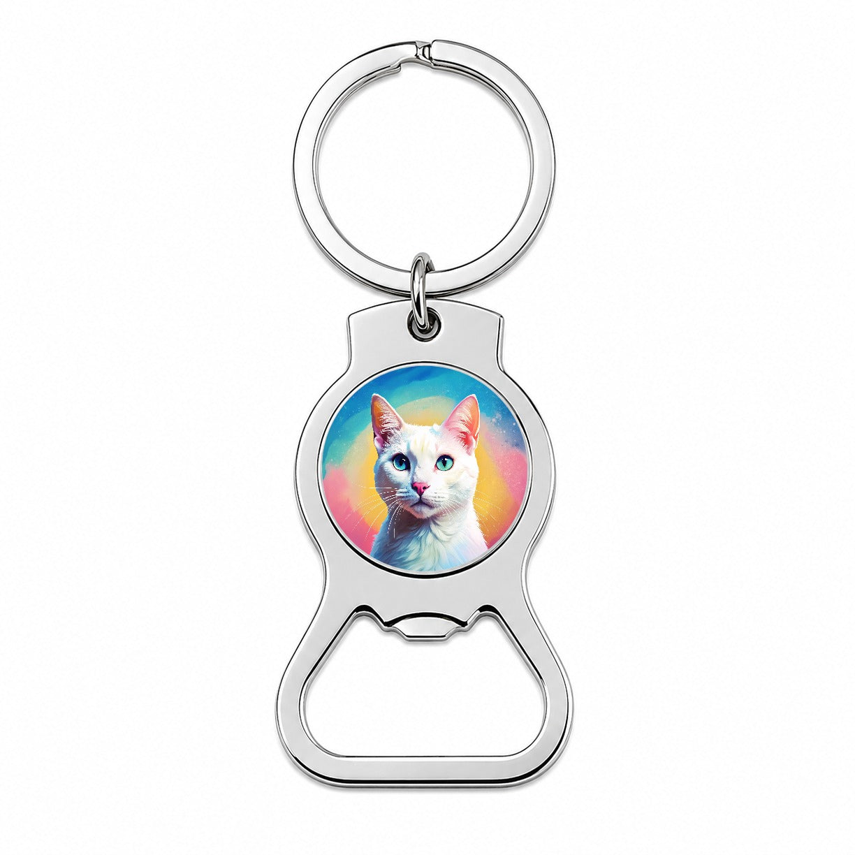 White Cat Pop Art Bottle Opener Keychain