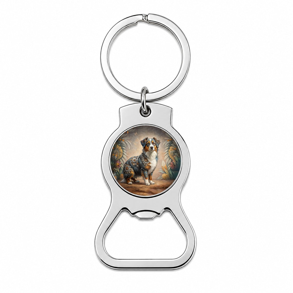 Miniature American Shepherd Dog Bohemian Art Bottle Opener Keychain