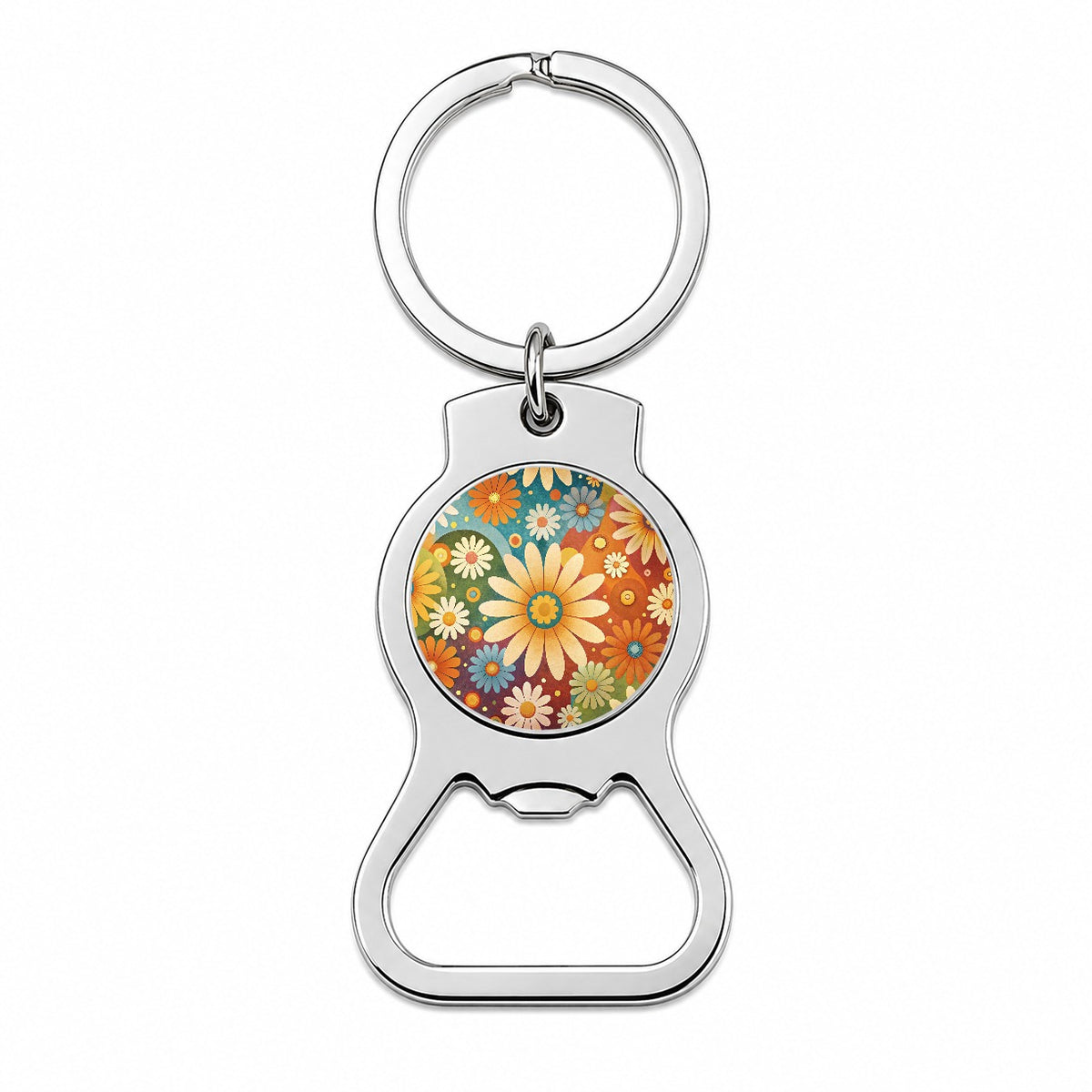 70's Retro Groovy Hippie Daisies Floral Design Bottle Opener Keychain