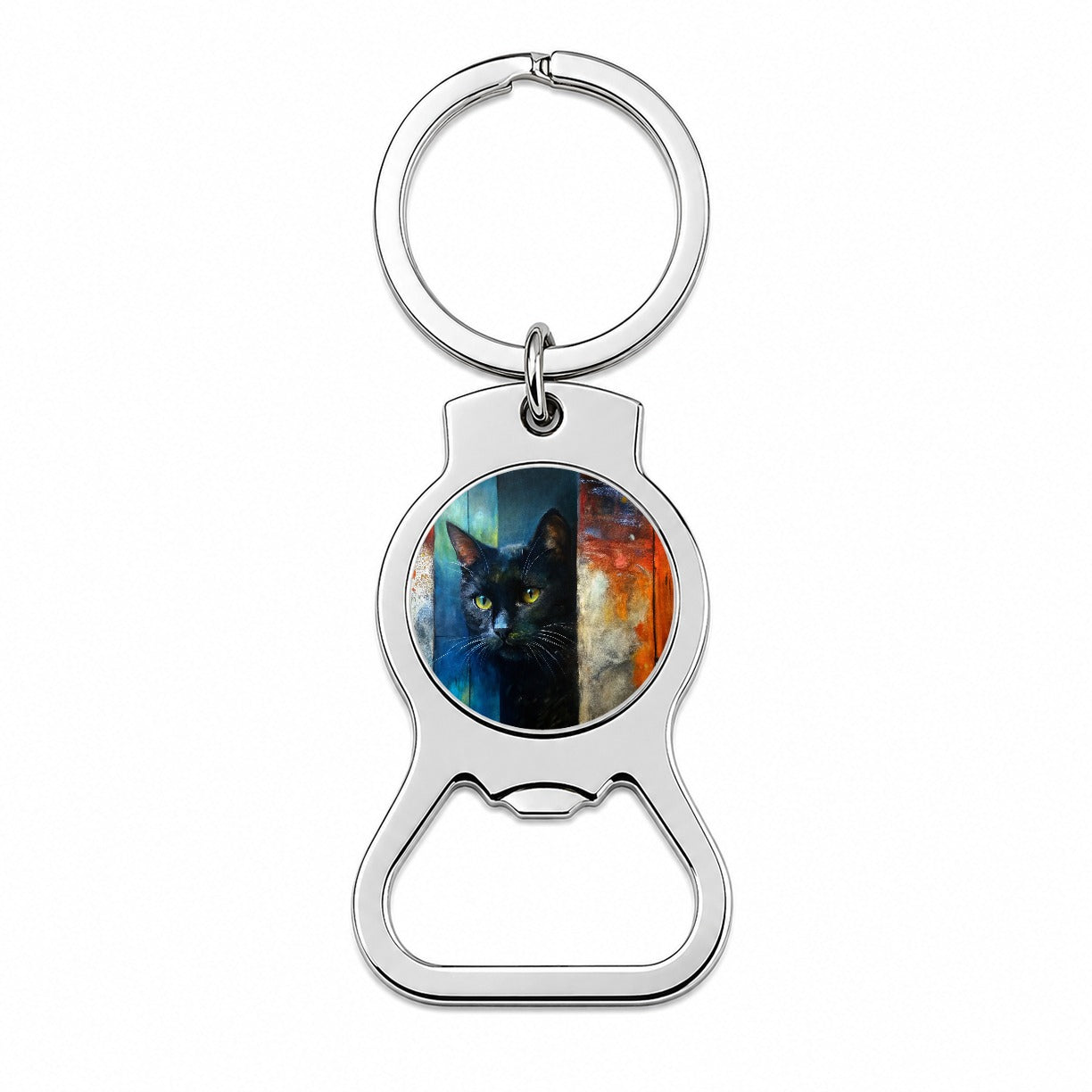 Black Cat Peaking Behind Door Abstract Art Bottle Opener Keychain