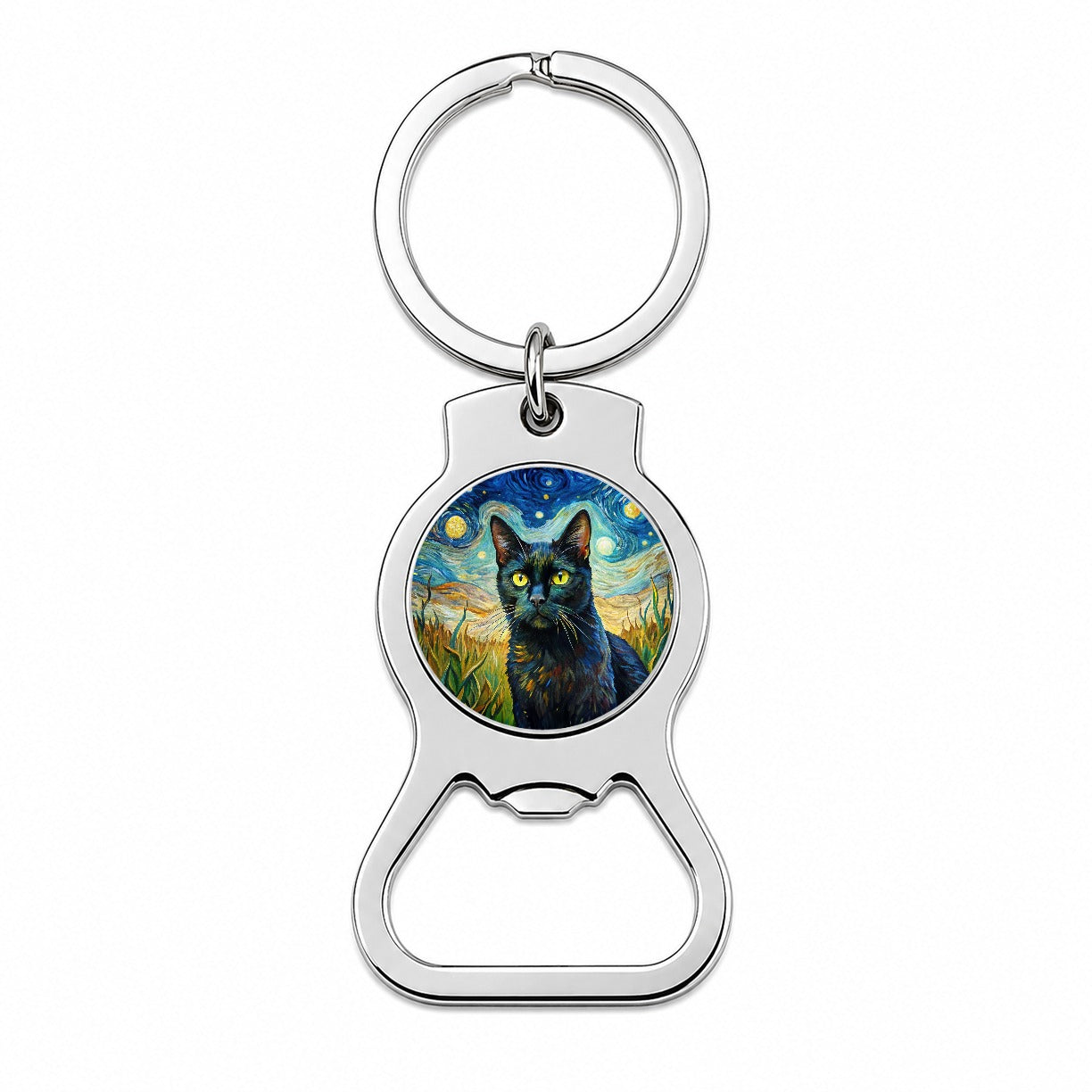Black Cat Van Gogh Style Painting Bottle Opener Keychain