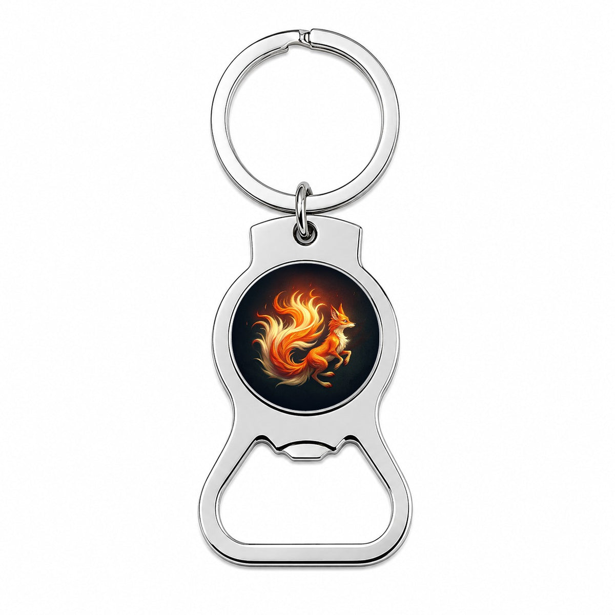Flaming Fox Fire Kitsune Bottle Opener Keychain