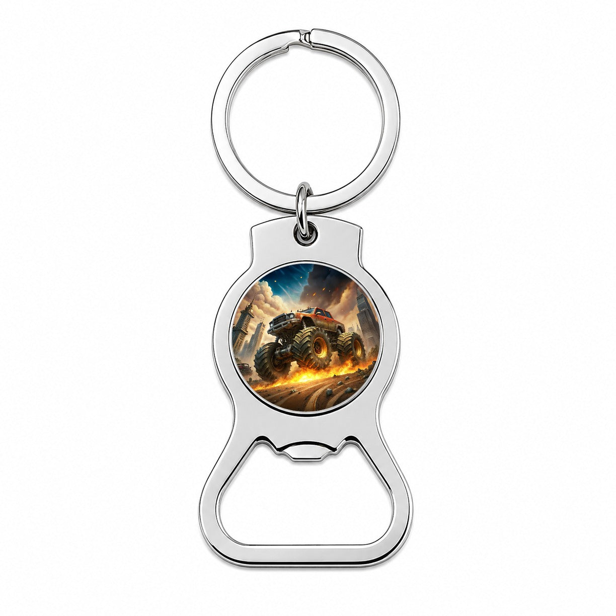 Monster Off-Road Truck Demolishing Cars Bottle Opener Keychain