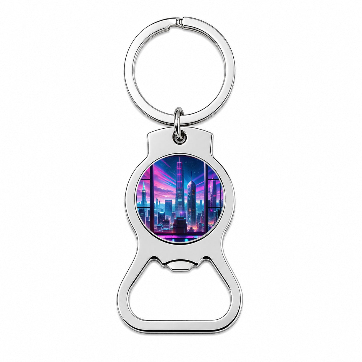 Neon Cityscape As Seen Through Skyscraper Window Purple Blue Bottle Opener Keychain