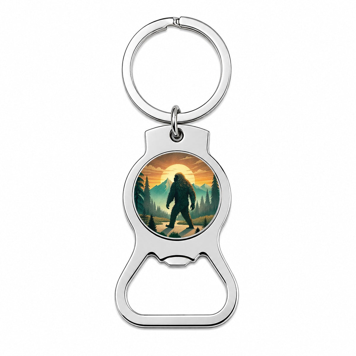 Retro Bigfoot Walking In The Woods At Sunset Bottle Opener Keychain