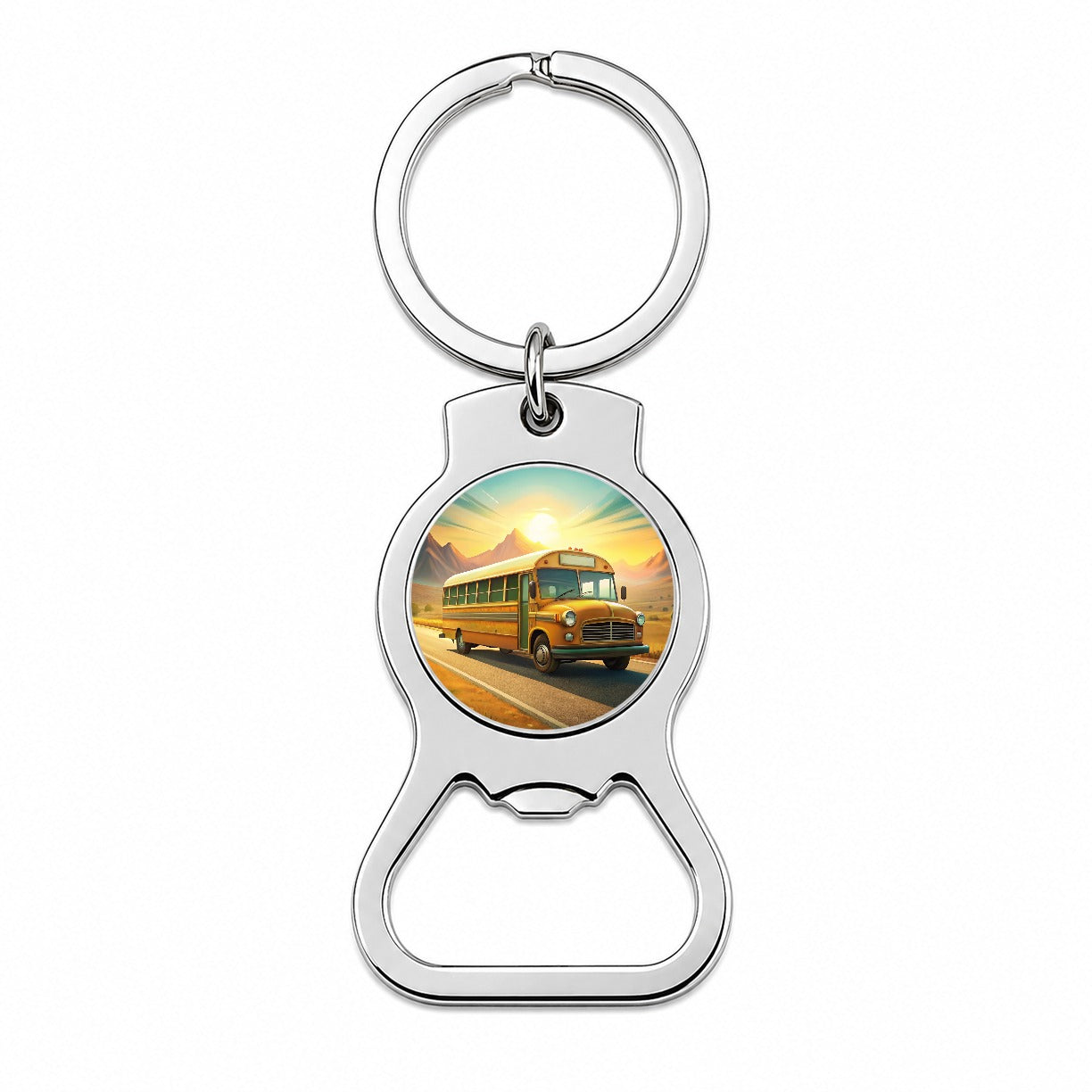 Retro School Bus On Road Bottle Opener Keychain