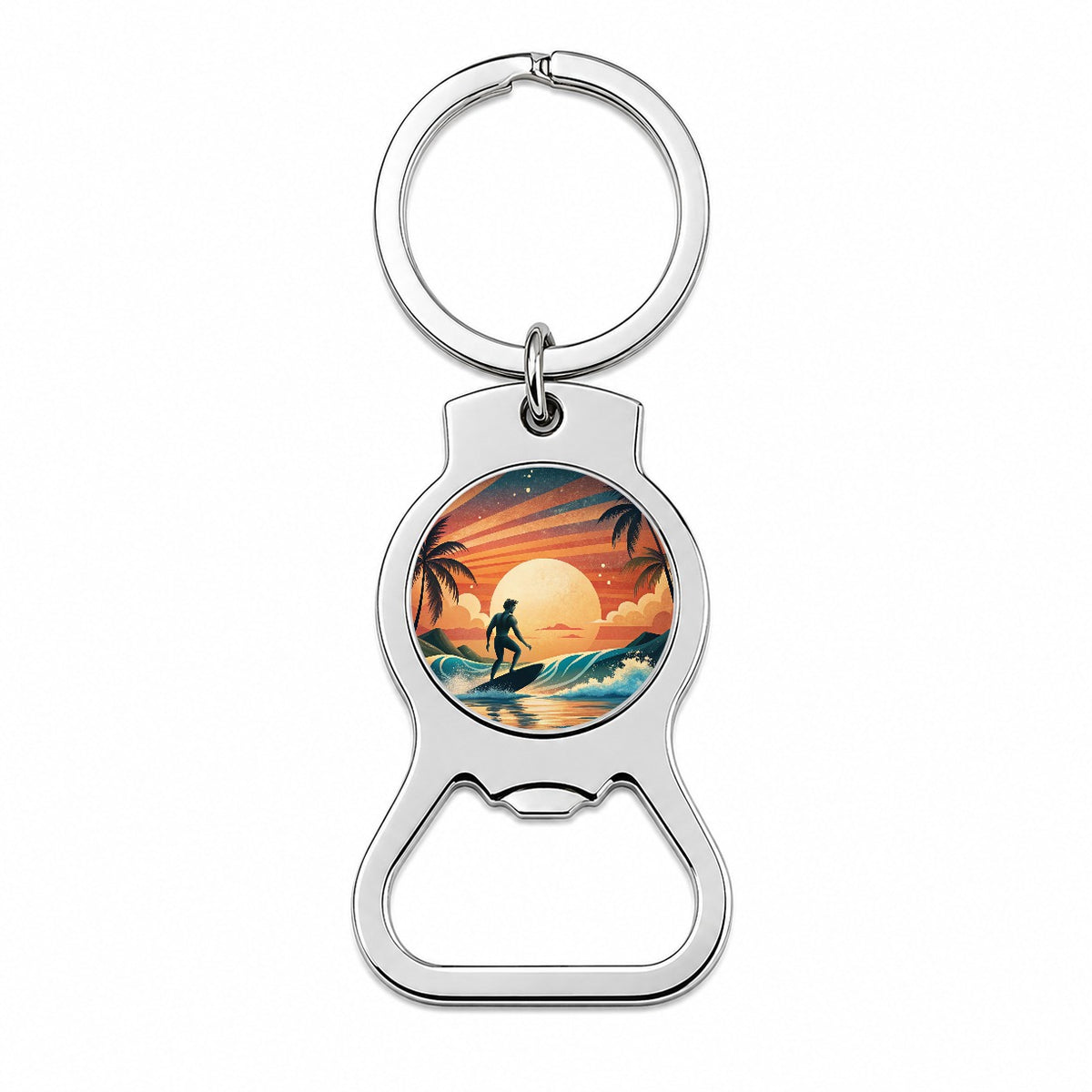 Retro Surfer Beach Tropical Sunset Illustration Bottle Opener Keychain