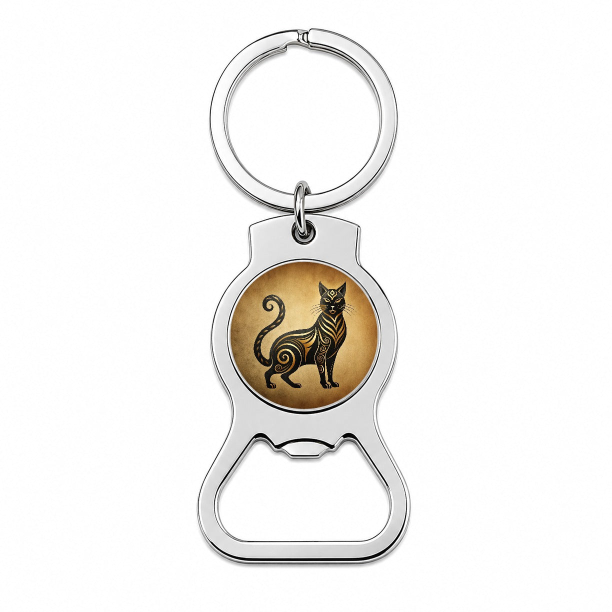 Stylized Black Cat Design Bottle Opener Keychain