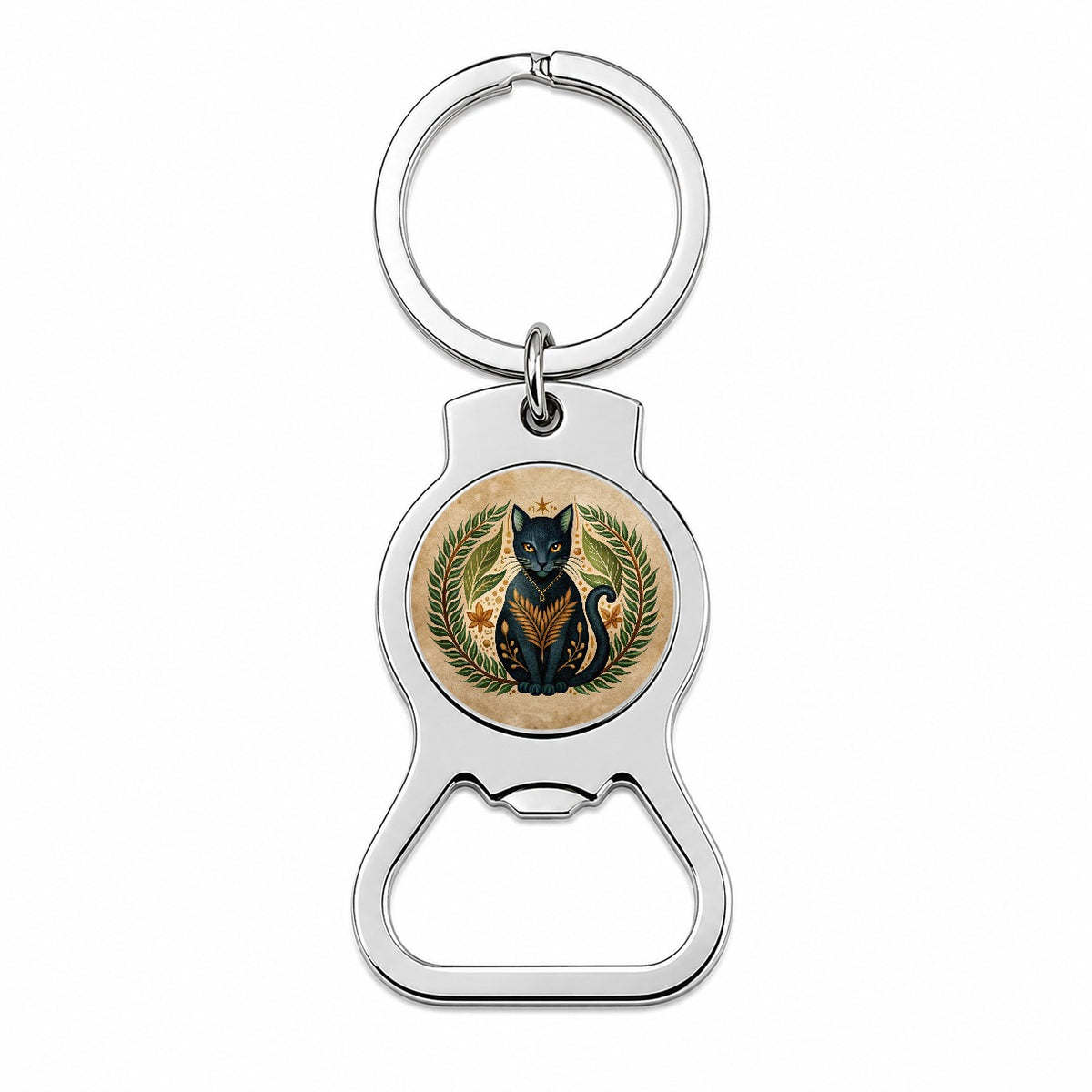 Stylized Black Cat Illustration Leaf Design Bottle Opener Keychain