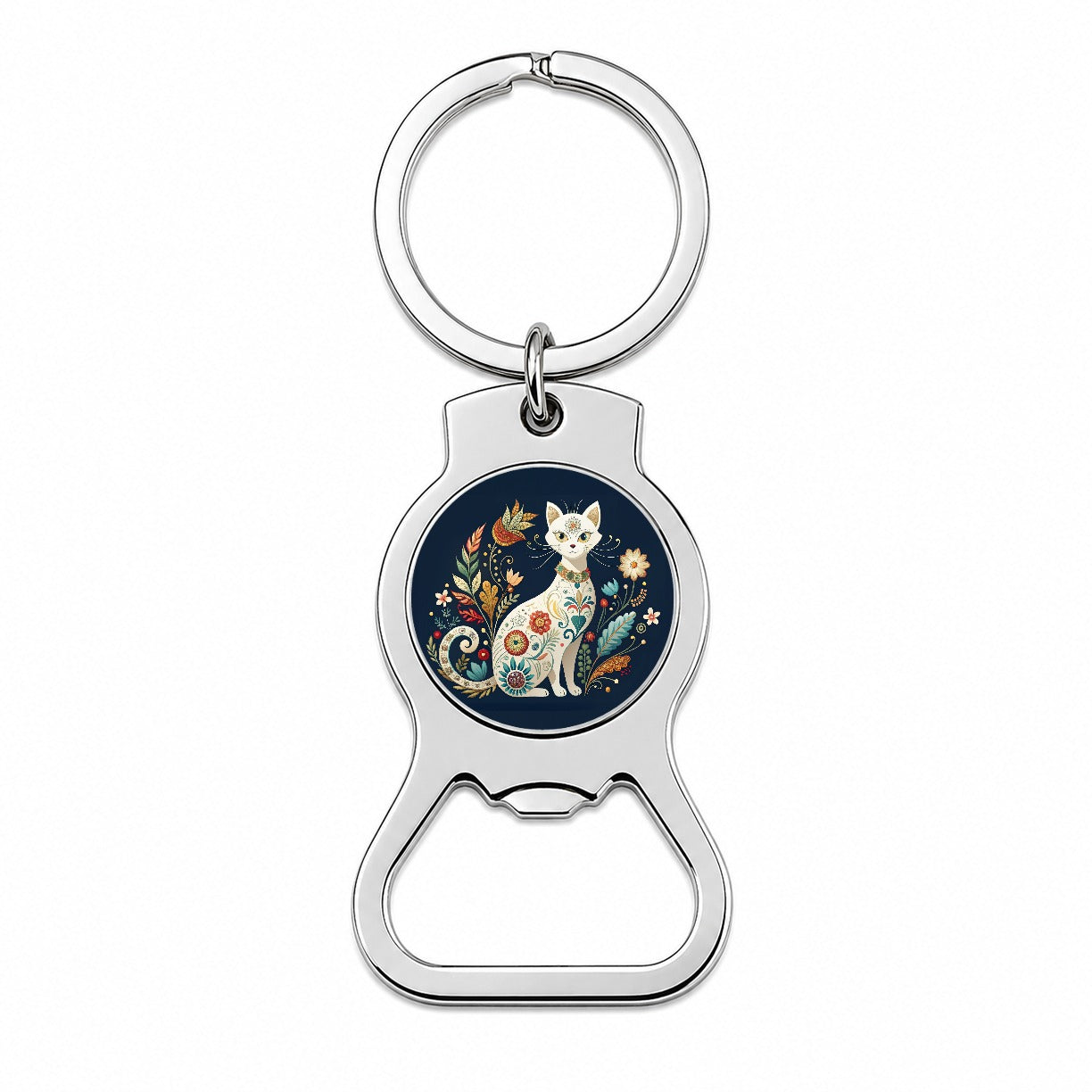 Stylized White Cat Floral Design Bottle Opener Keychain