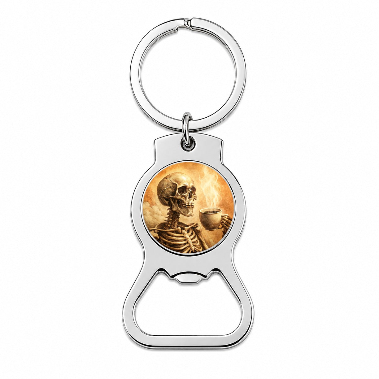 Vintage Skeleton Holding Cup Of Coffee Retro Bottle Opener Keychain