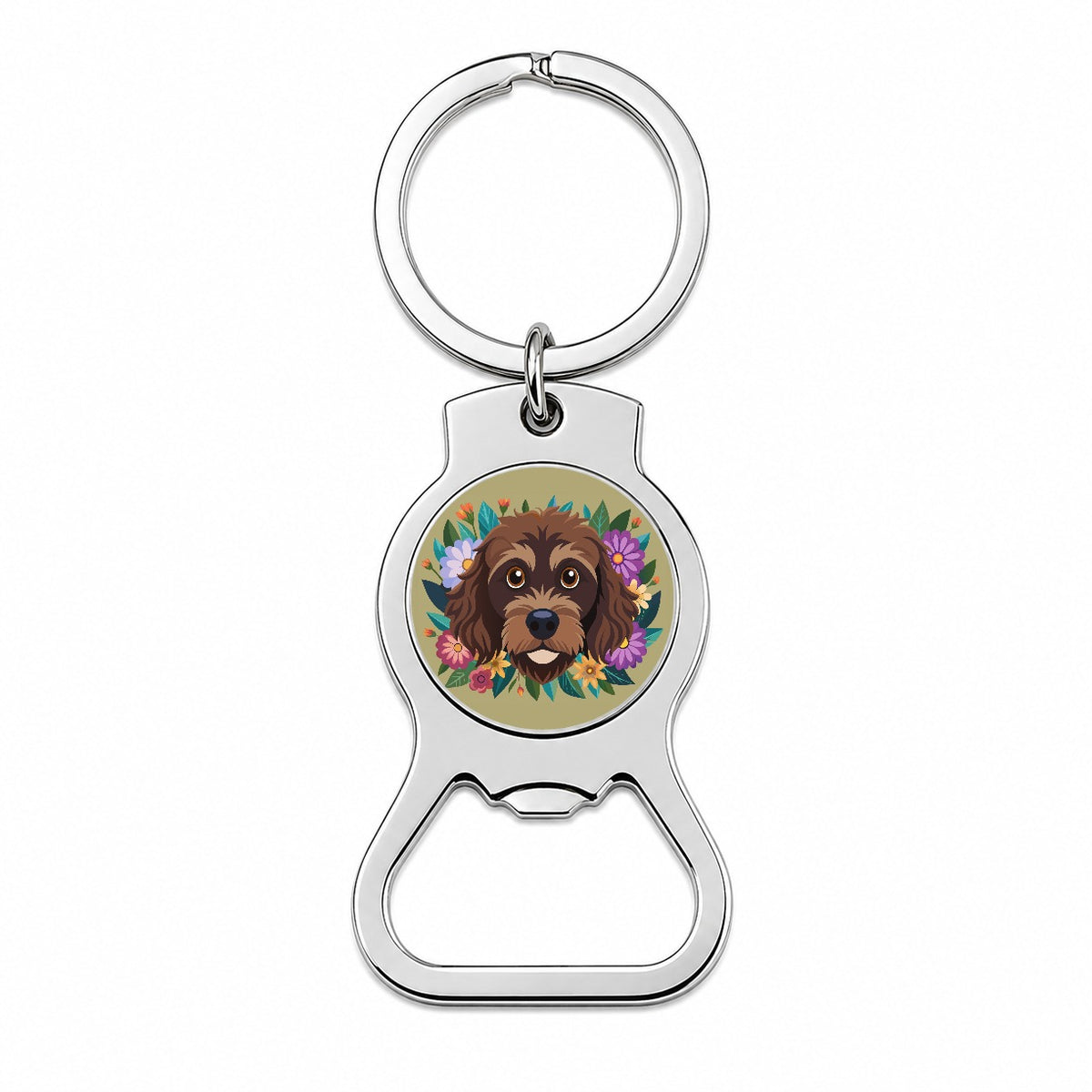 Brown Labradoodle Head Floral Motif Dog Cute Bottle Opener Keychain