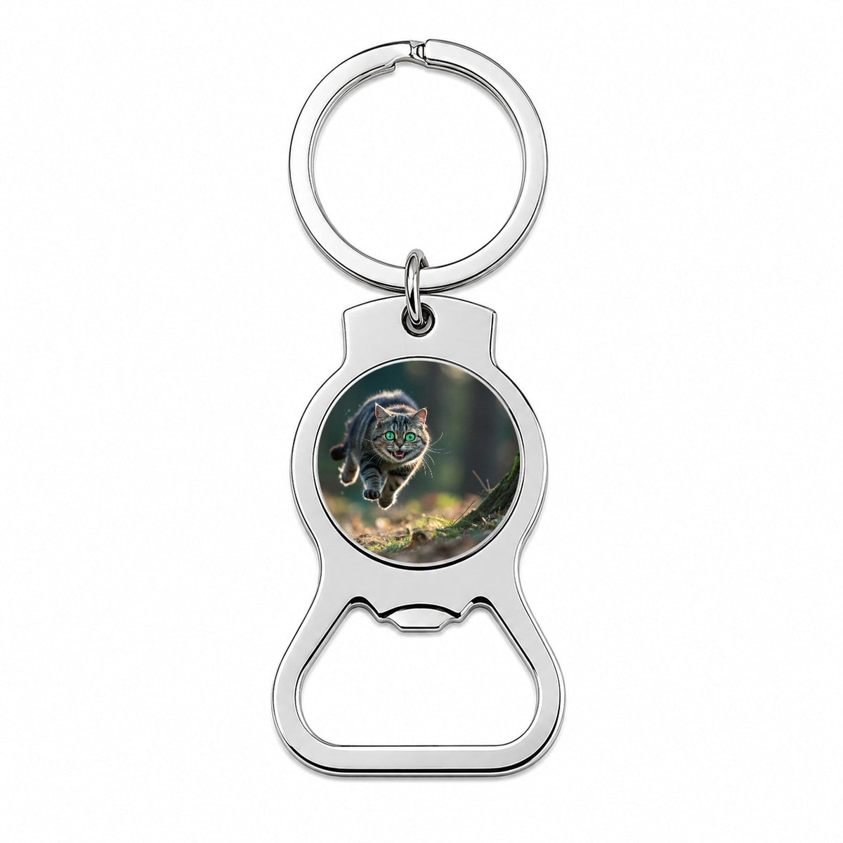 Cat Leaping Green Eyes Funny Bottle Opener Keychain